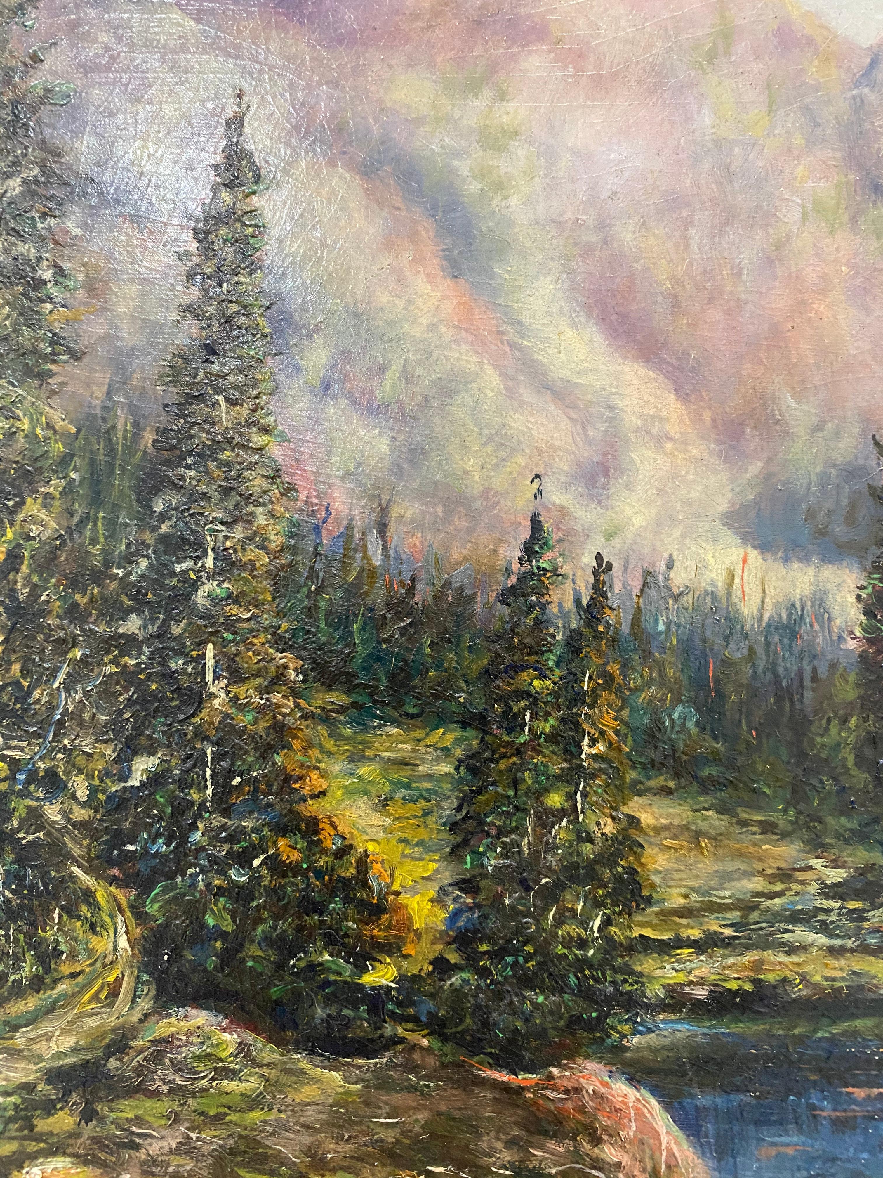 Pittura a olio d'epoca Paesaggio montano luminoso di F.A. Millard, 1925 circa in vendita 2
