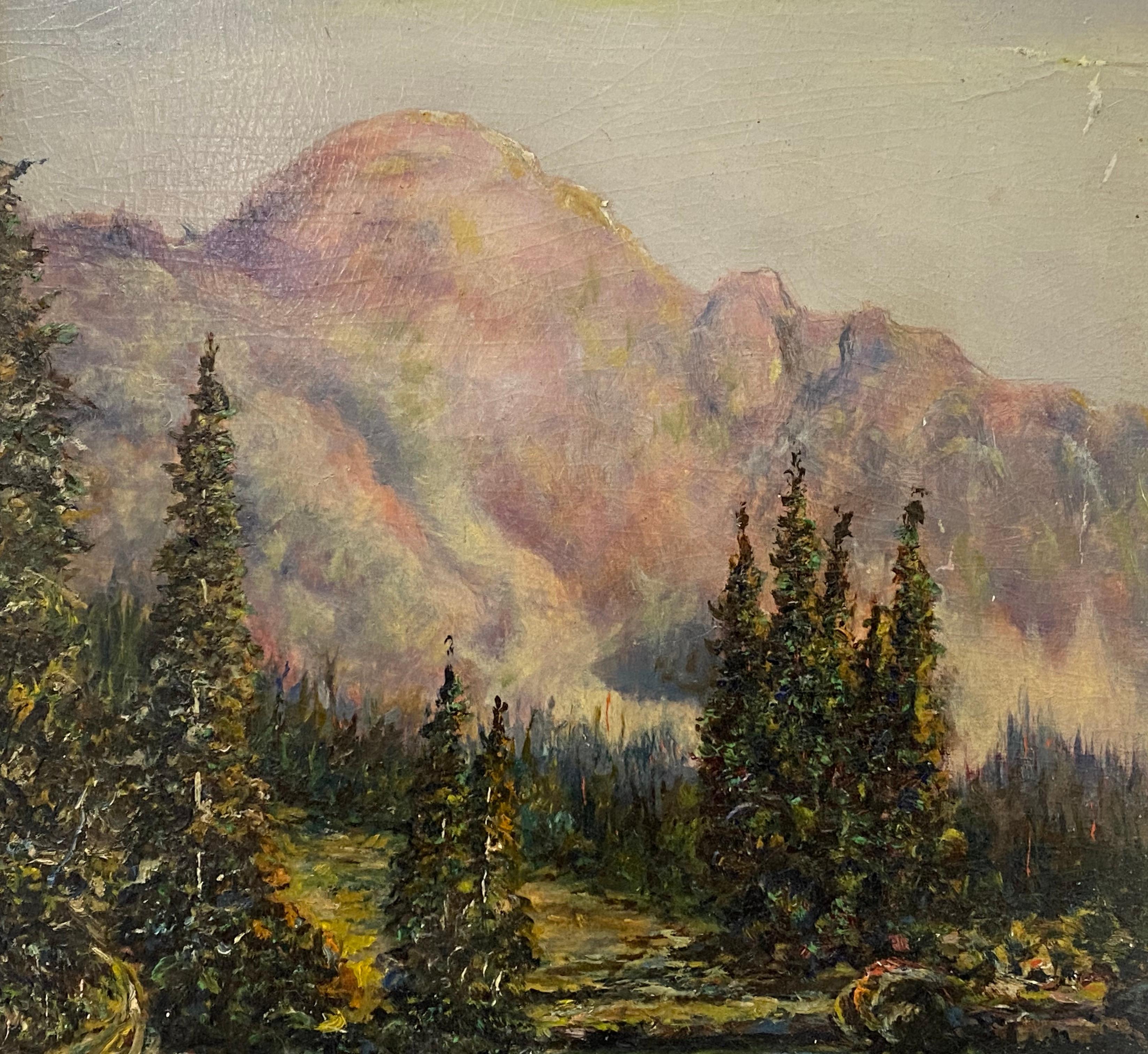 Vintage Oil Painting Luminous Mountain Landscape by F.A. Millard c.1925 For Sale 2