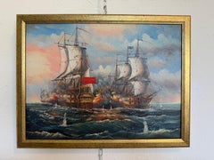 Vintage Oil Painting Naval Battle Ships Seascape Maritime Art Framed Framed