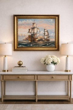 Vintage Oil Painting Naval Battle Ships Seascape Maritime Art Framed Signed