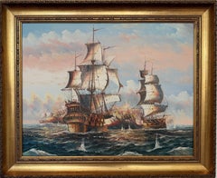 Vintage Oil Painting Naval Battle Ships Seascape Maritime Art Framed Signed