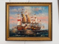 Vintage Oil Painting Naval Battle Ships Seascape Maritime Nautical Art Framed