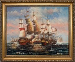 Vintage Oil Painting Naval Battle Ships Seascape Maritime Nautical Art Framed