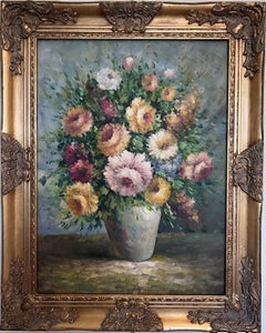 Peinture à l'huile vintage d'un bouquet de fleurs de chrysanthème dans un cadre doré orné