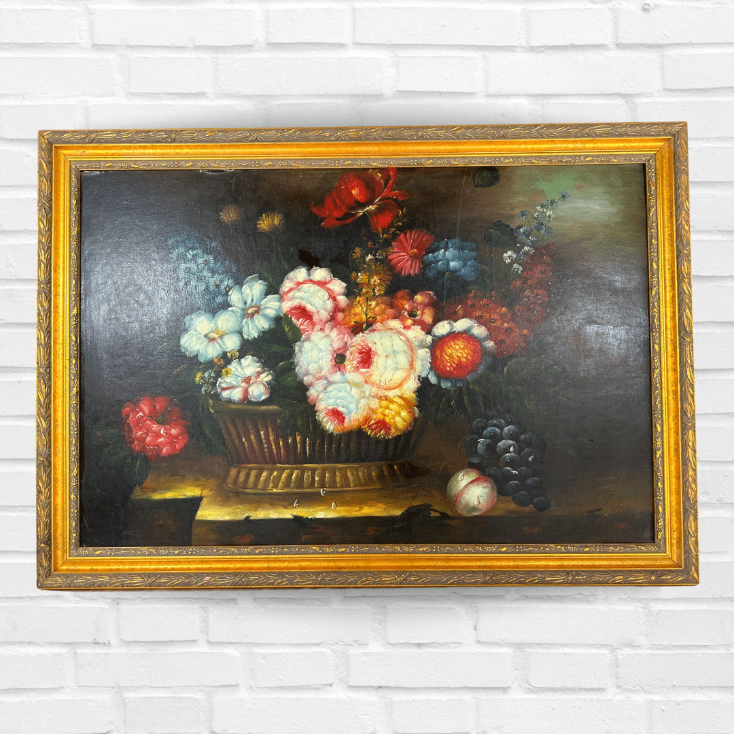 Vintage Oil Painting of Flowers On Wood, Gilded Wood Frame - Brown Still-Life Painting by Unknown
