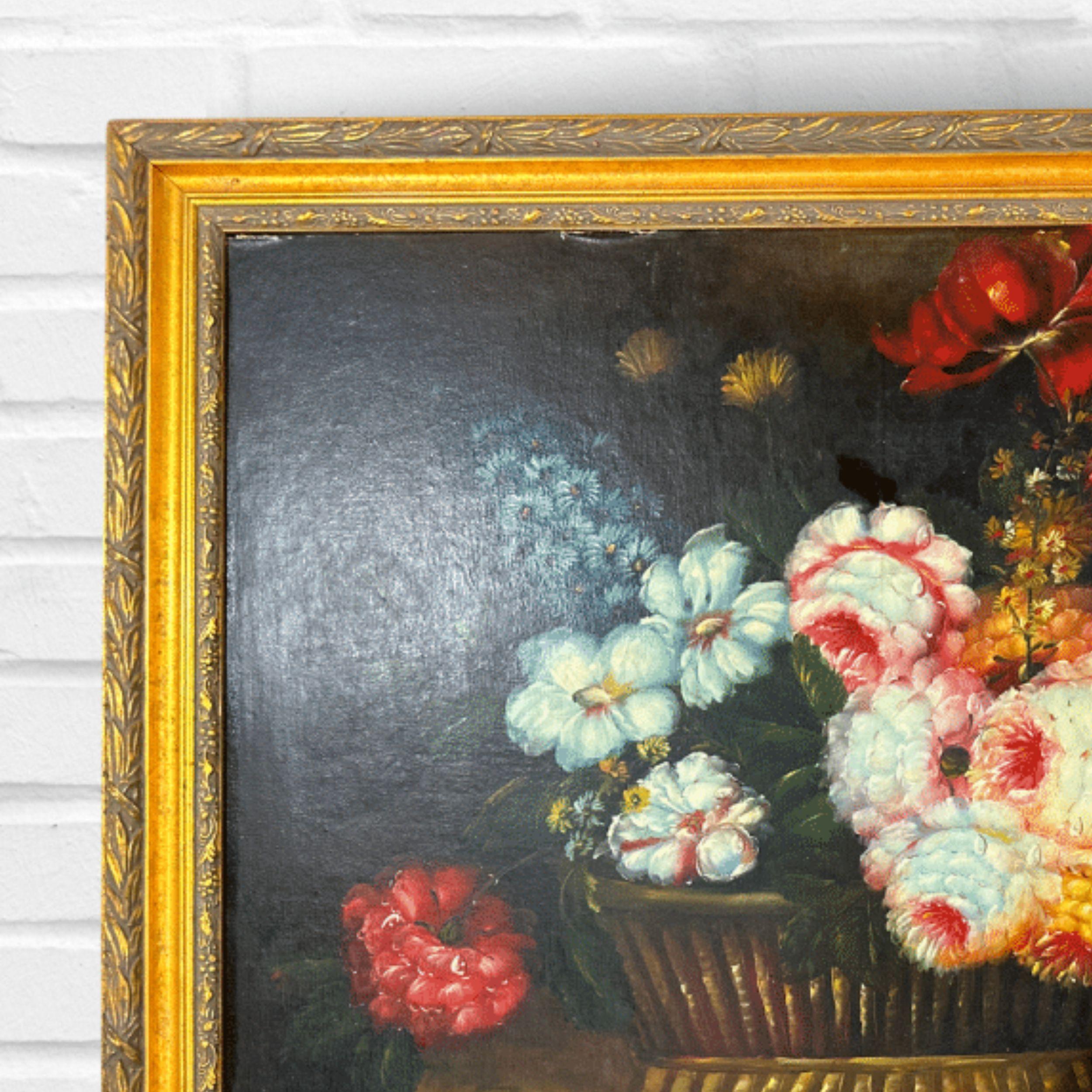 A rich display of color and texture defines this exquisite oil-on-board painting, where a grand, wide-mouthed vase overflows with a lush bouquet of flowers. Delicate blossoms in shades of light blue, red, pink, and orange burst forth in a harmonious