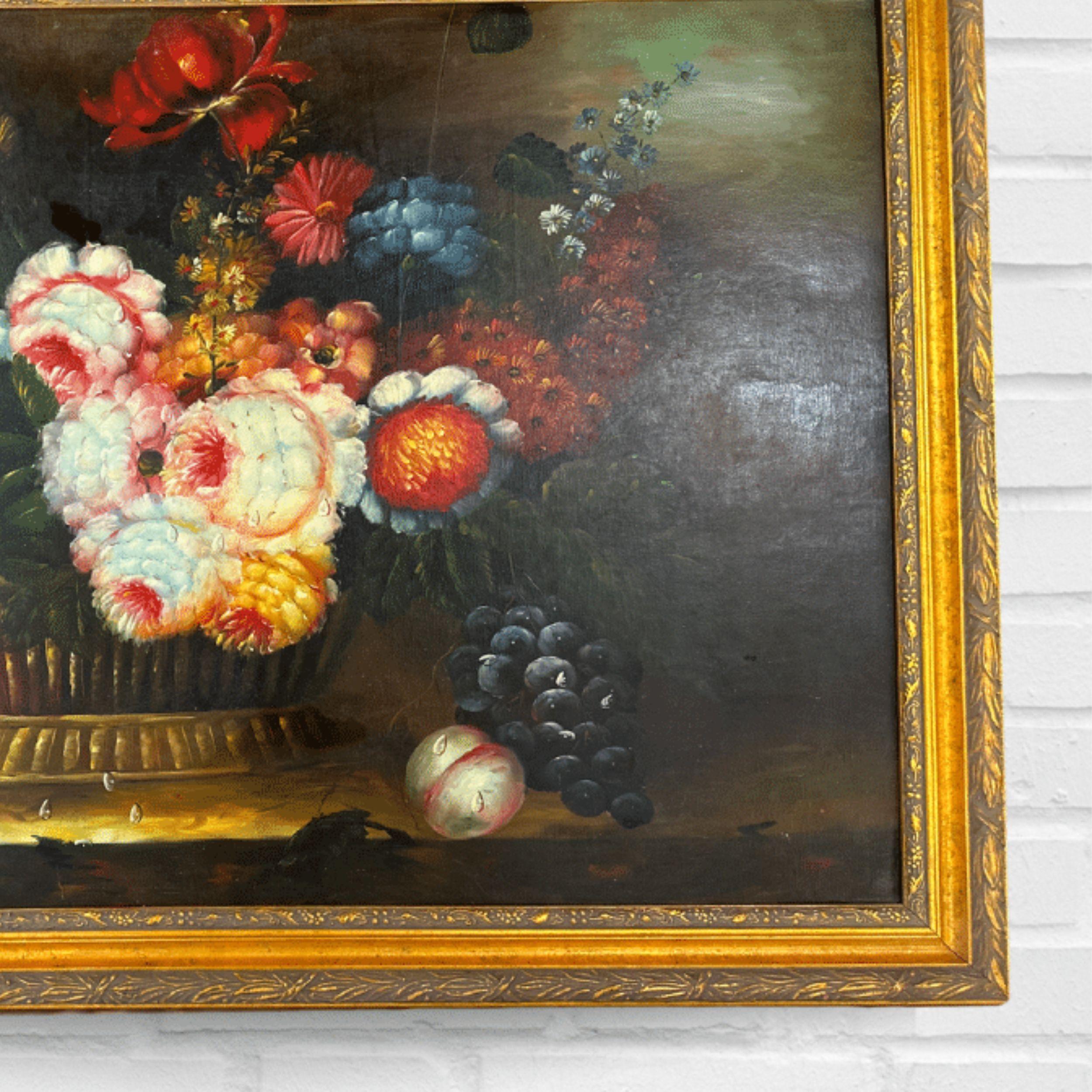 Vintage Oil Painting of Flowers On Wood, Gilded Wood Frame For Sale 1