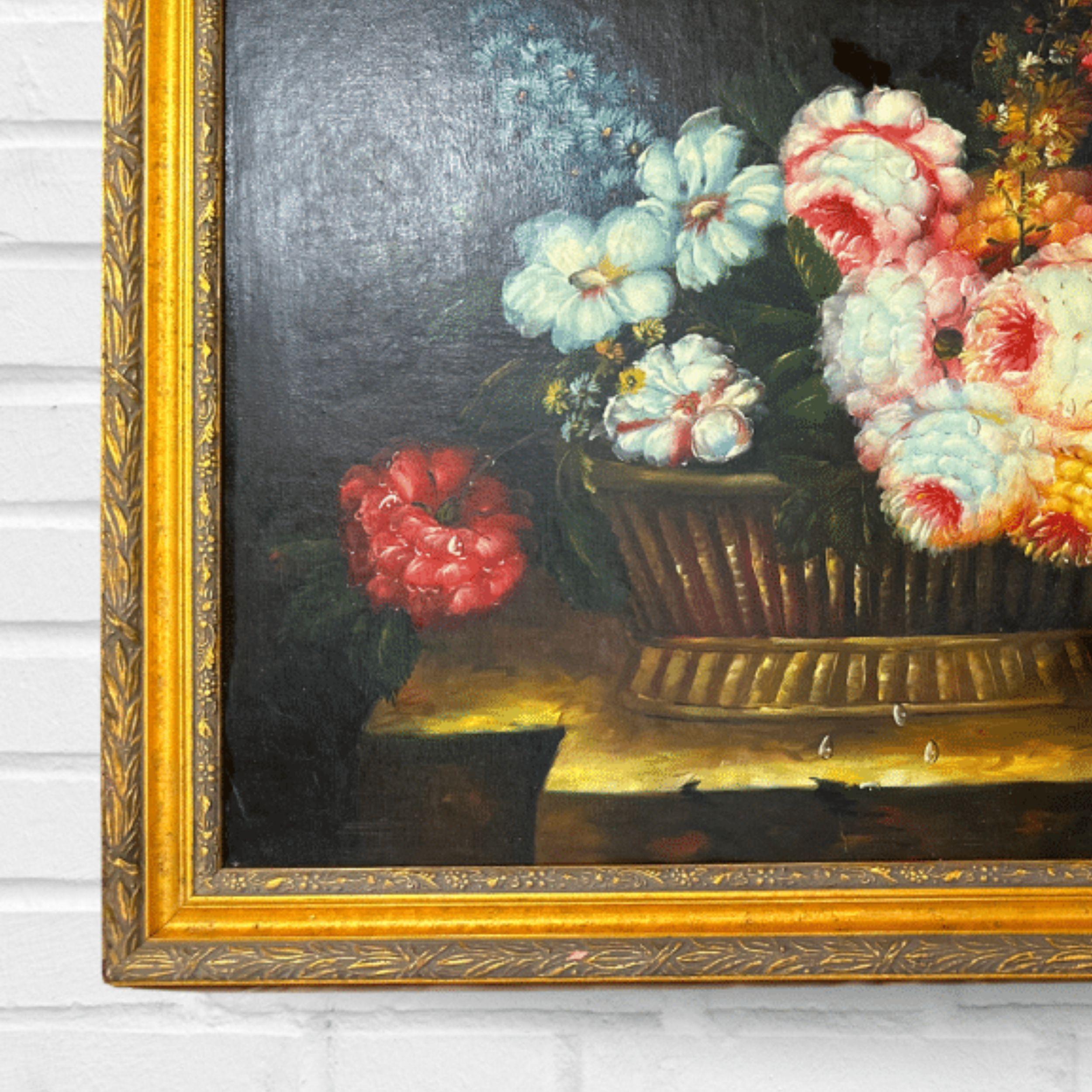 Vintage Oil Painting of Flowers On Wood, Gilded Wood Frame For Sale 2