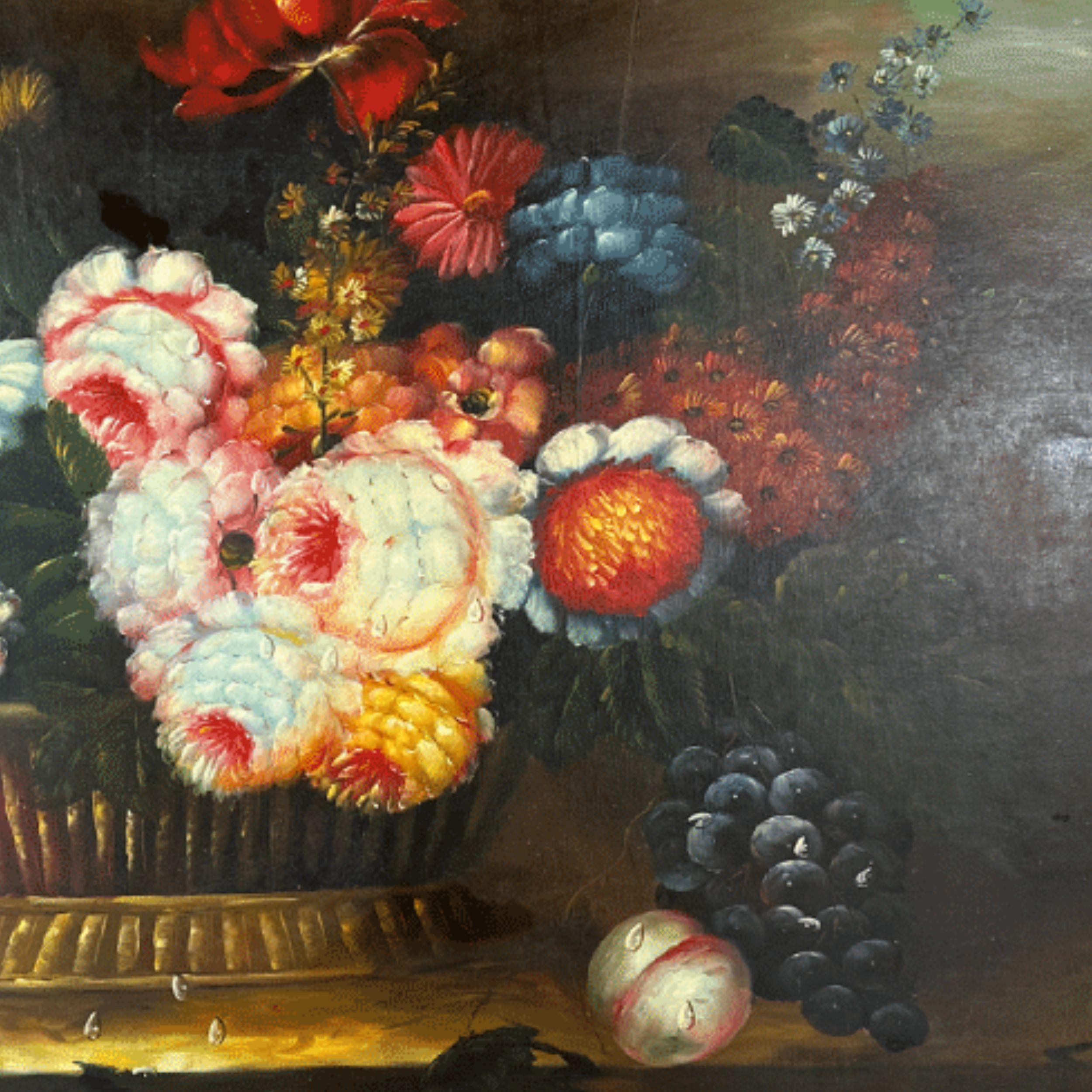 Vintage Oil Painting of Flowers On Wood, Gilded Wood Frame For Sale 3