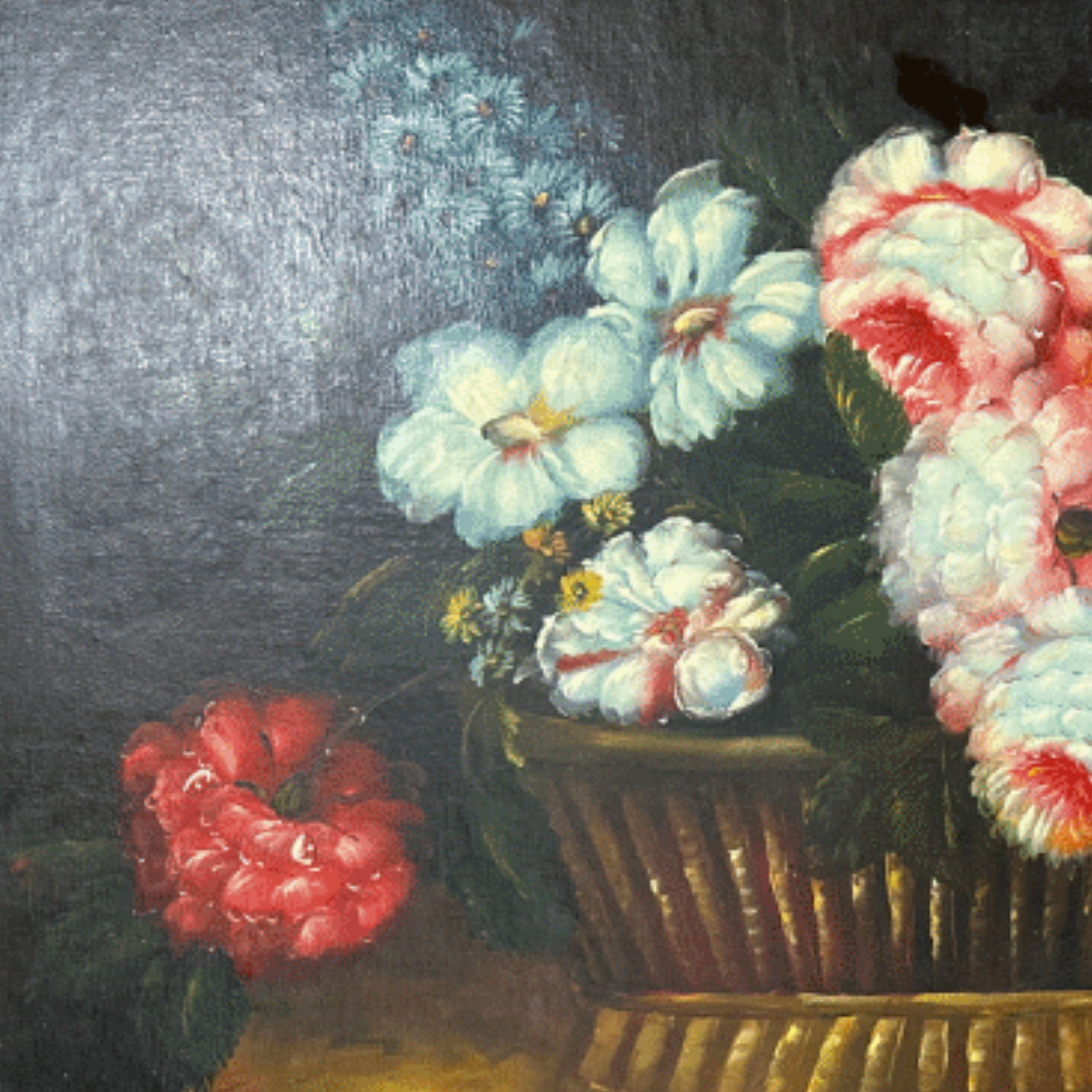 Vintage Oil Painting of Flowers On Wood, Gilded Wood Frame For Sale 4