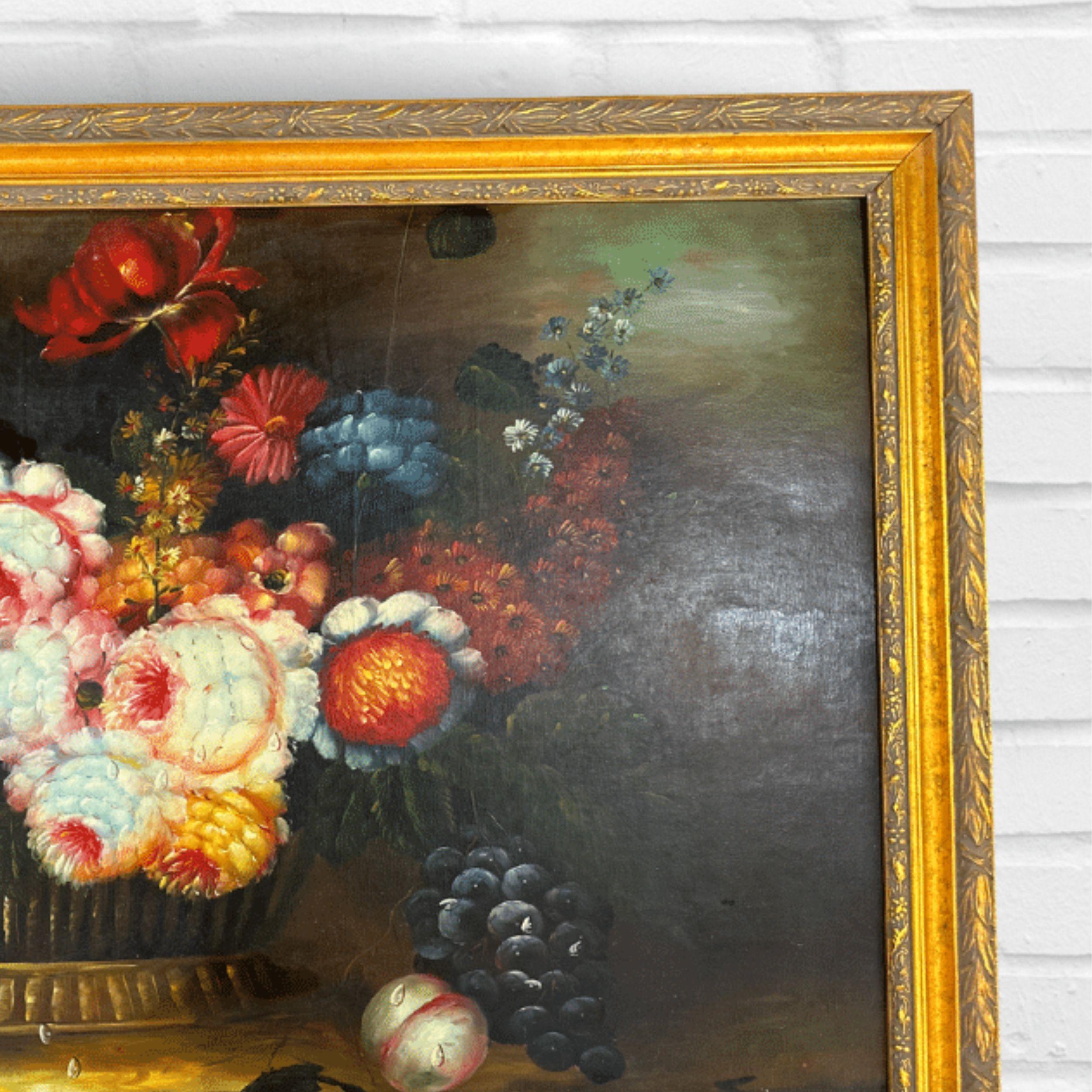 Vintage Oil Painting of Flowers On Wood, Gilded Wood Frame For Sale 5