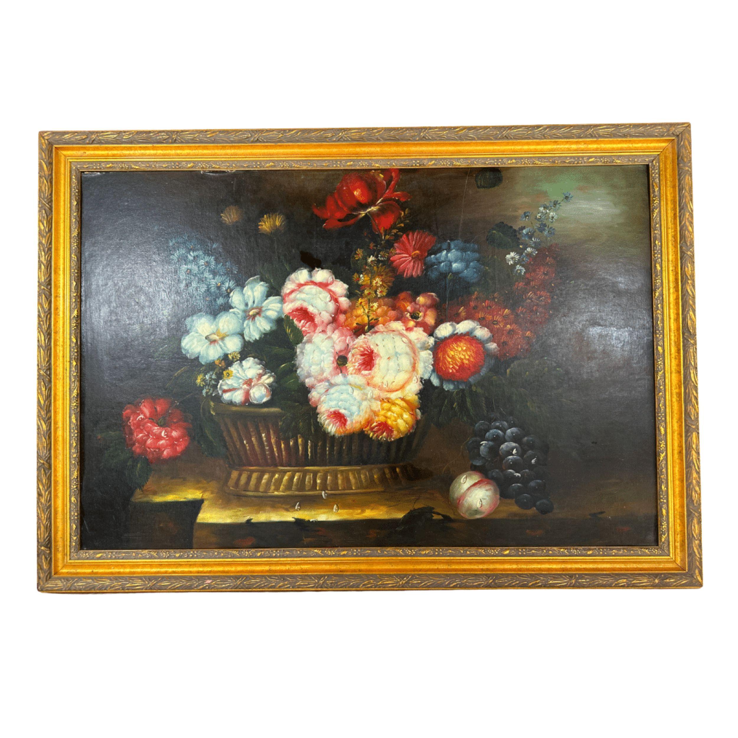 Unknown Still-Life Painting - Vintage Oil Painting of Flowers On Wood, Gilded Wood Frame