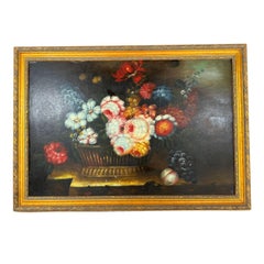 Vintage Oil Painting of Flowers On Wood, Gilded Wood Frame