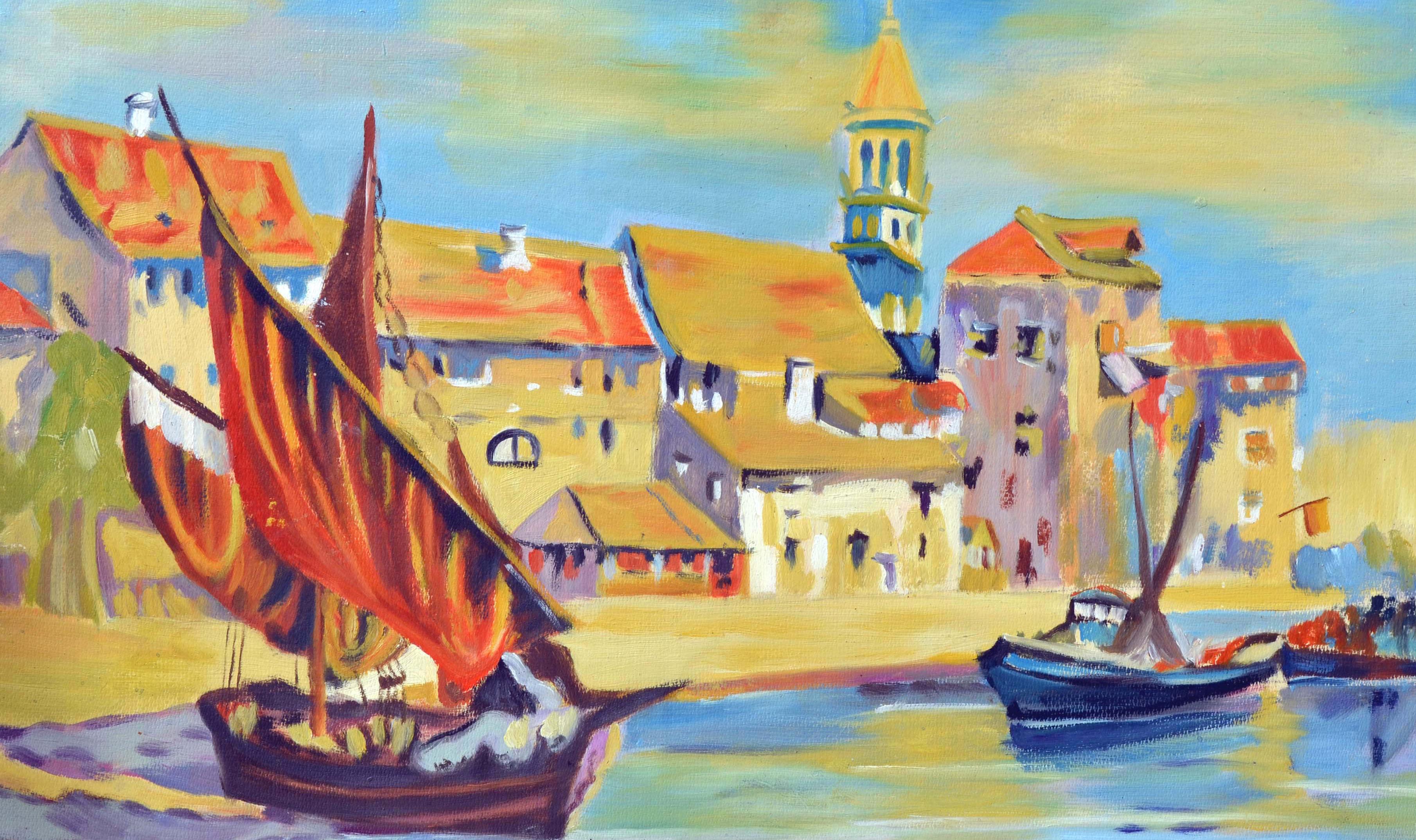 Pittura a olio d'epoca con barche da pesca veneziane. - Painting di Unknown