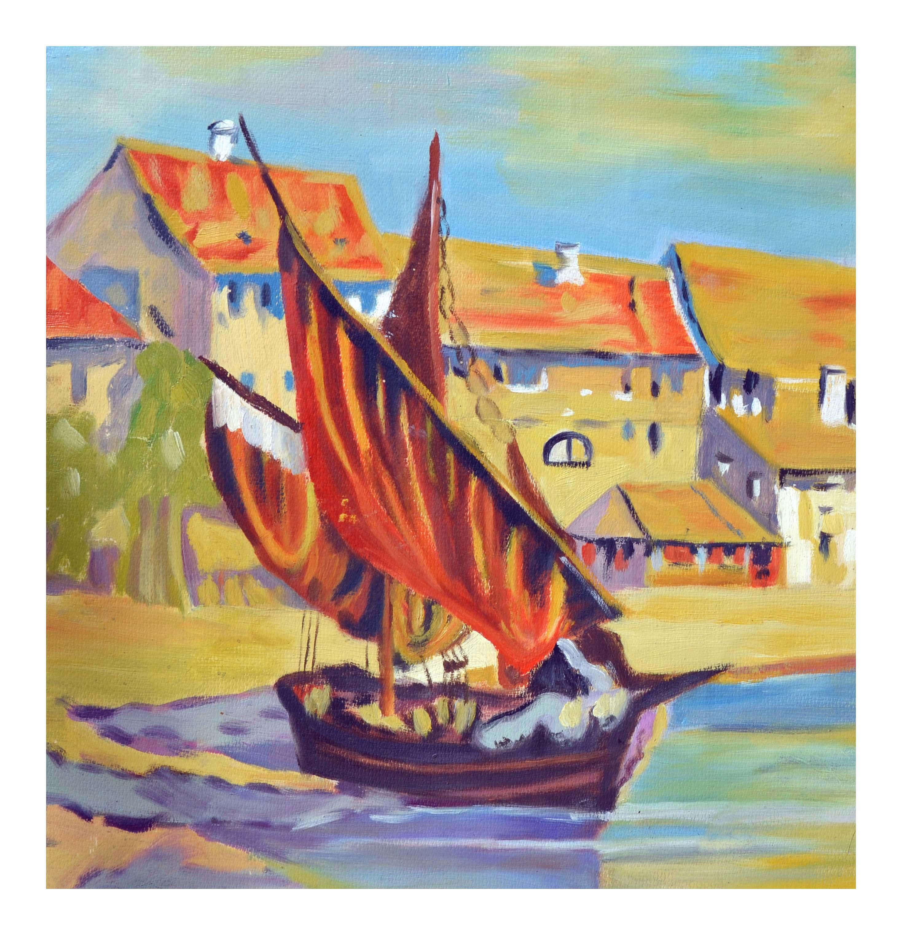 Wondefully vintage oil painting of venetian fishing boat in fauvist style, circa 1970. Unsigned. 
Unframed. 
Image size: 15