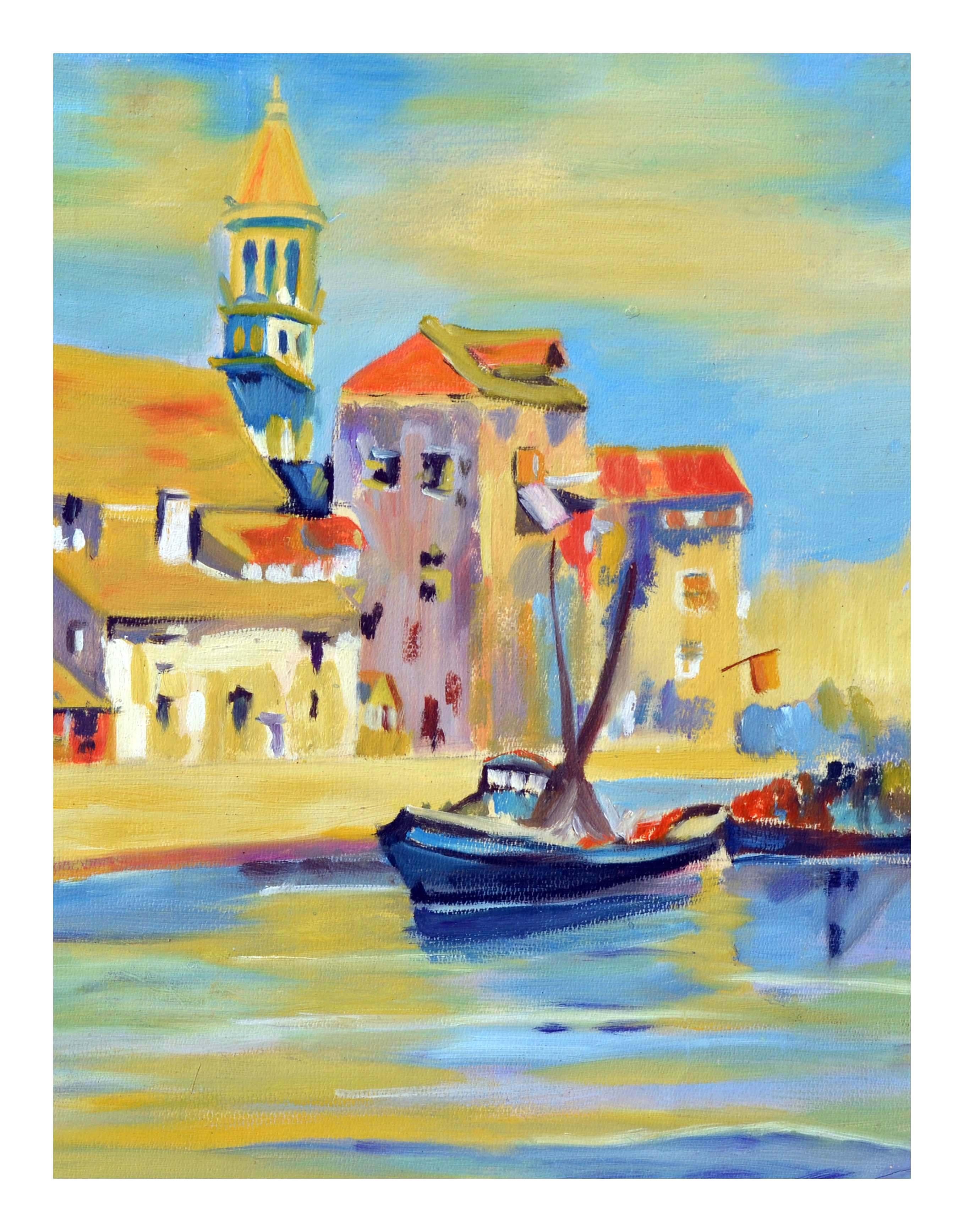 Pittura a olio d'epoca con barche da pesca veneziane. - Landscape Painting Marrone di Unknown