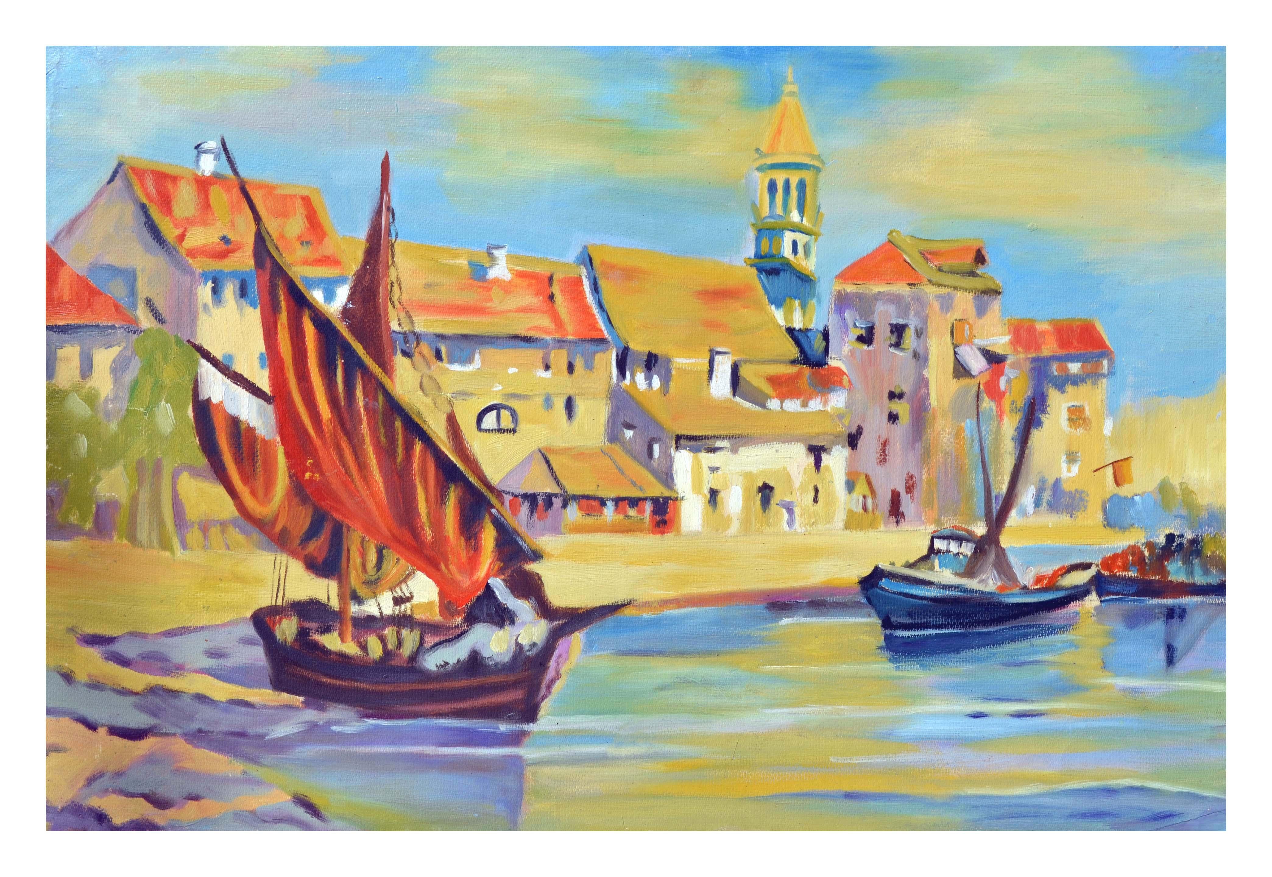 Vintage Oil Painting of Venetian Fishing Boats. 