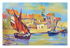 Vintage Oil Painting of Venetian Fishing Boats.