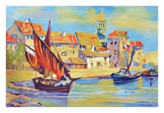 Vintage Oil Painting of Venetian Fishing Boats. 