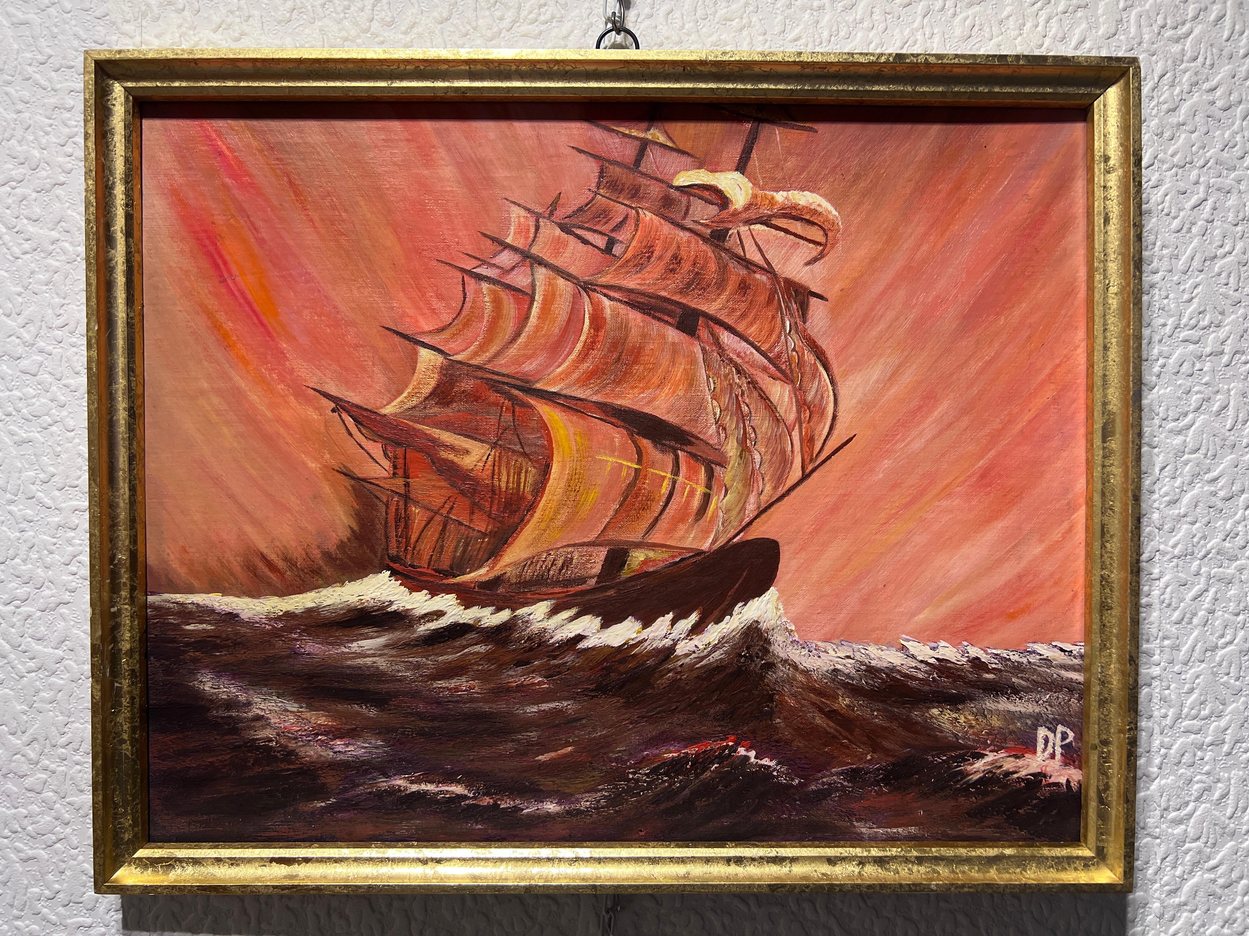 Vintage-Ölgemälde auf Karton, Meereslandschaft, Clipper-Schiff bei Sonnenuntergang, signiert, gerahmt – Painting von Unknown