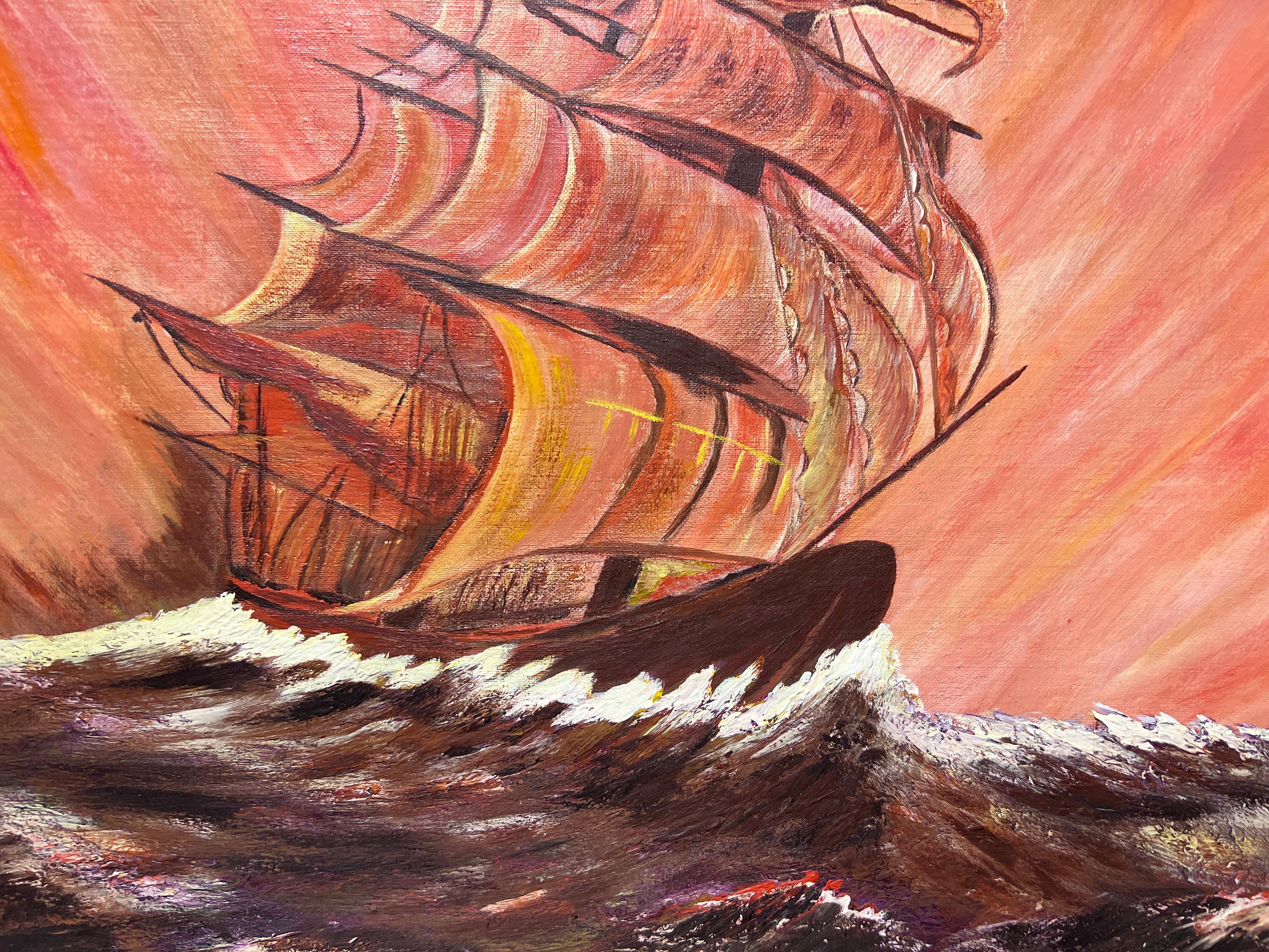 Vintage-Ölgemälde auf Karton, Meereslandschaft, Clipper-Schiff bei Sonnenuntergang, signiert, gerahmt (Impressionismus), Painting, von Unknown