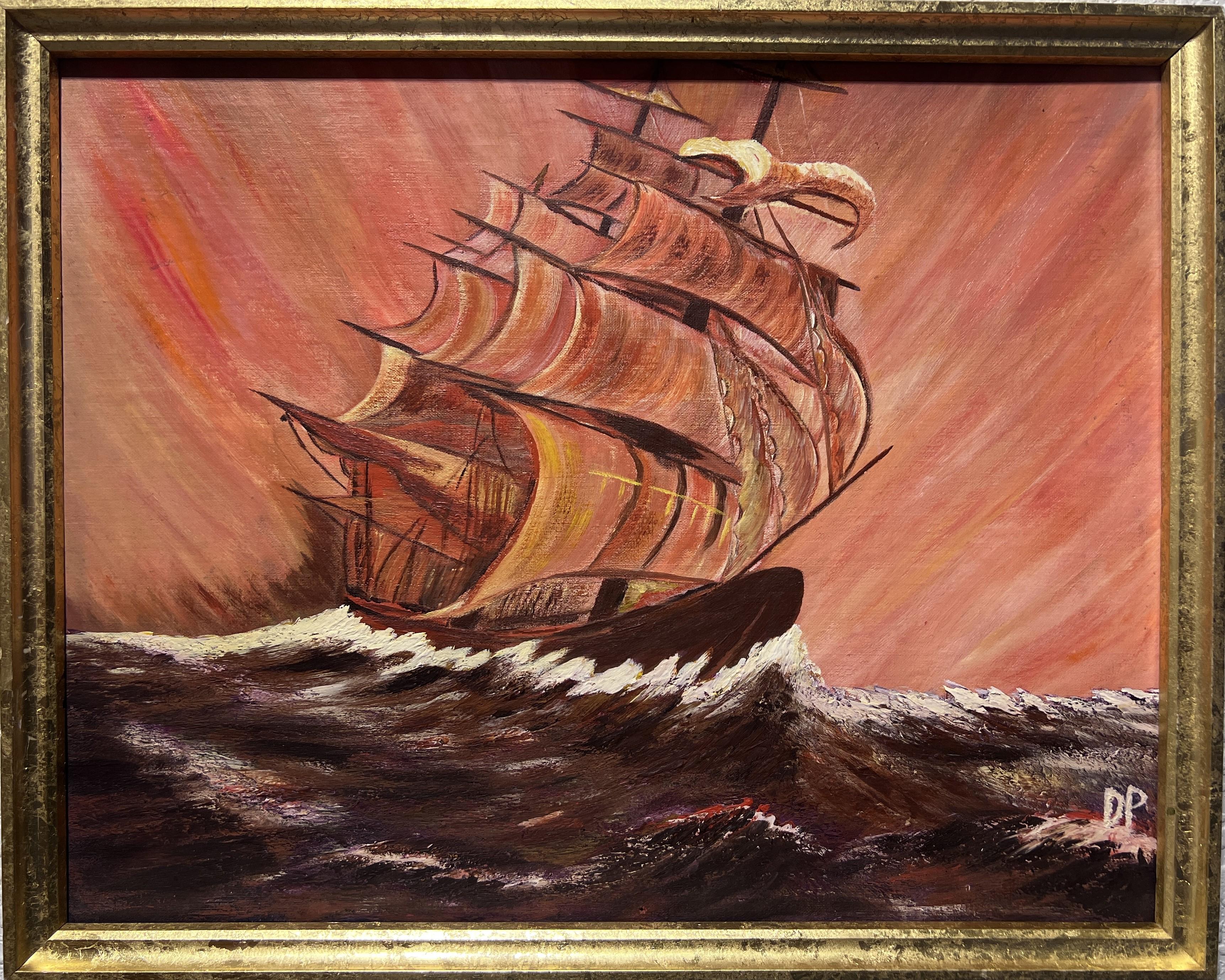 Vintage-Ölgemälde auf Karton, Meereslandschaft, Clipper-Schiff bei Sonnenuntergang, signiert, gerahmt