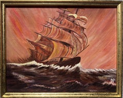 Vintage oil painting on board, seascape, Clipper ship on Sunset, Signed, framed