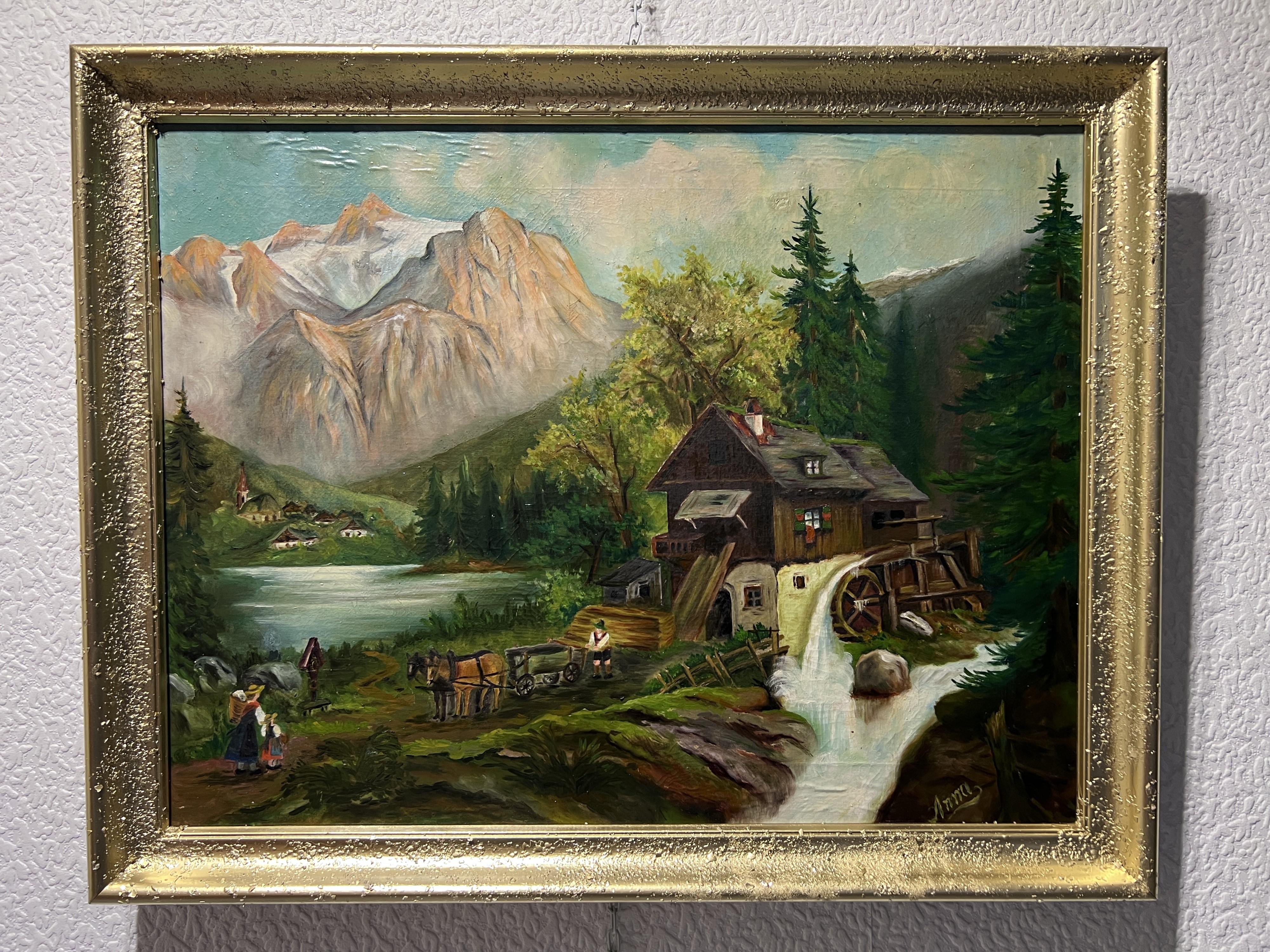 Vintage-Ölgemälde auf Leinwand von Anna, Bauernlandschaft, gerahmt – Painting von Unknown
