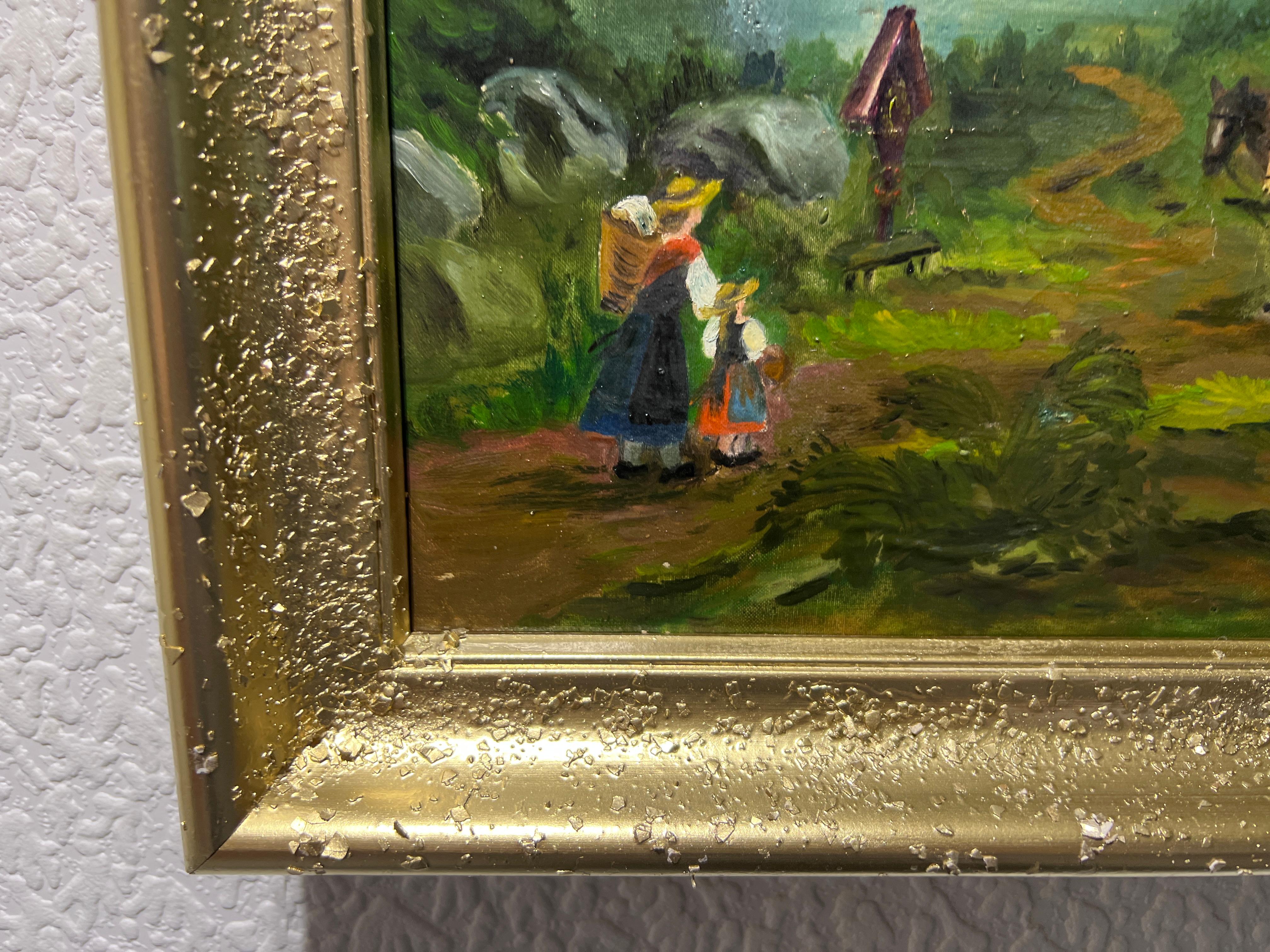 Vintage-Ölgemälde auf Leinwand von Anna, Bauernlandschaft, gerahmt (Schwarz), Landscape Painting, von Unknown