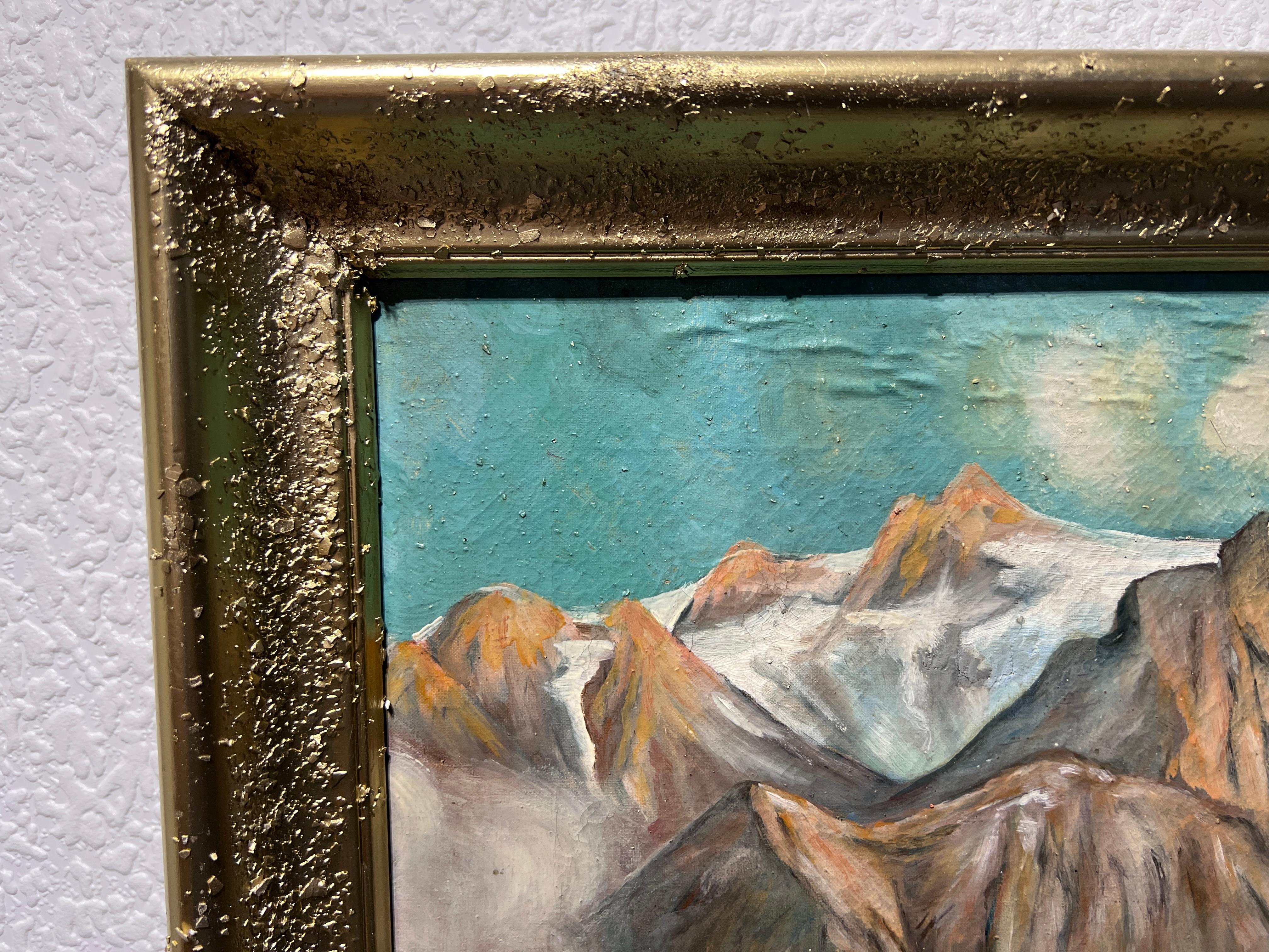 Dies ist ein Original-Ölgemälde auf Leinwand, das eine ländliche Landschaft zeigt. Im Vordergrund steht eine rustikale Wassermühle an einem fließenden Bach mit einem sich drehenden Wasserrad. Von der Mühle aus führt ein Weg vorbei an historisch