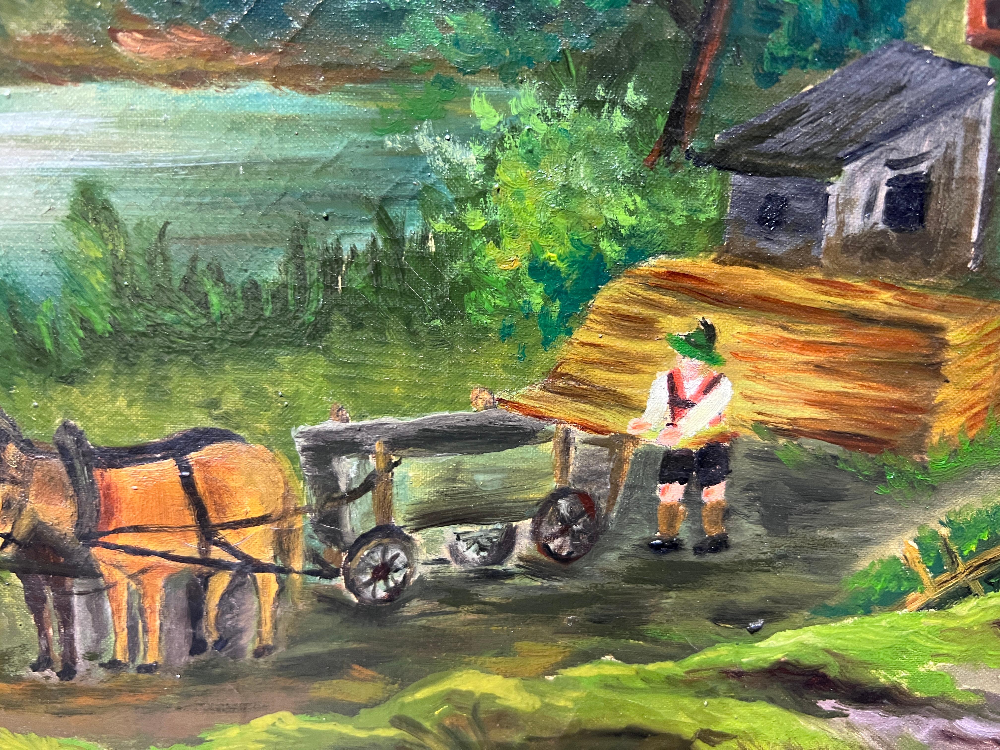 Vintage-Ölgemälde auf Leinwand von Anna, Bauernlandschaft, gerahmt im Angebot 4