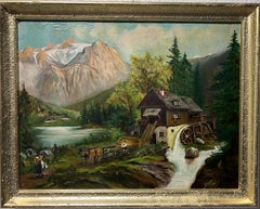 Óleo vintage sobre lienzo de Anna, Paisaje de granja, Enmarcado