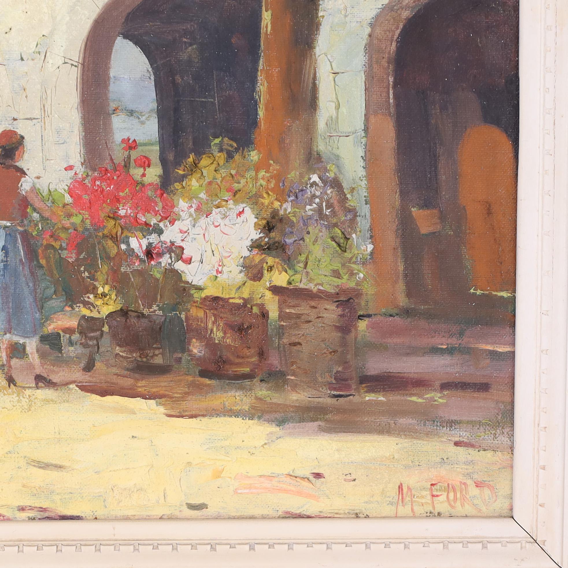 Vintage Oil Painting on Canvas of a Flower Market For Sale 3