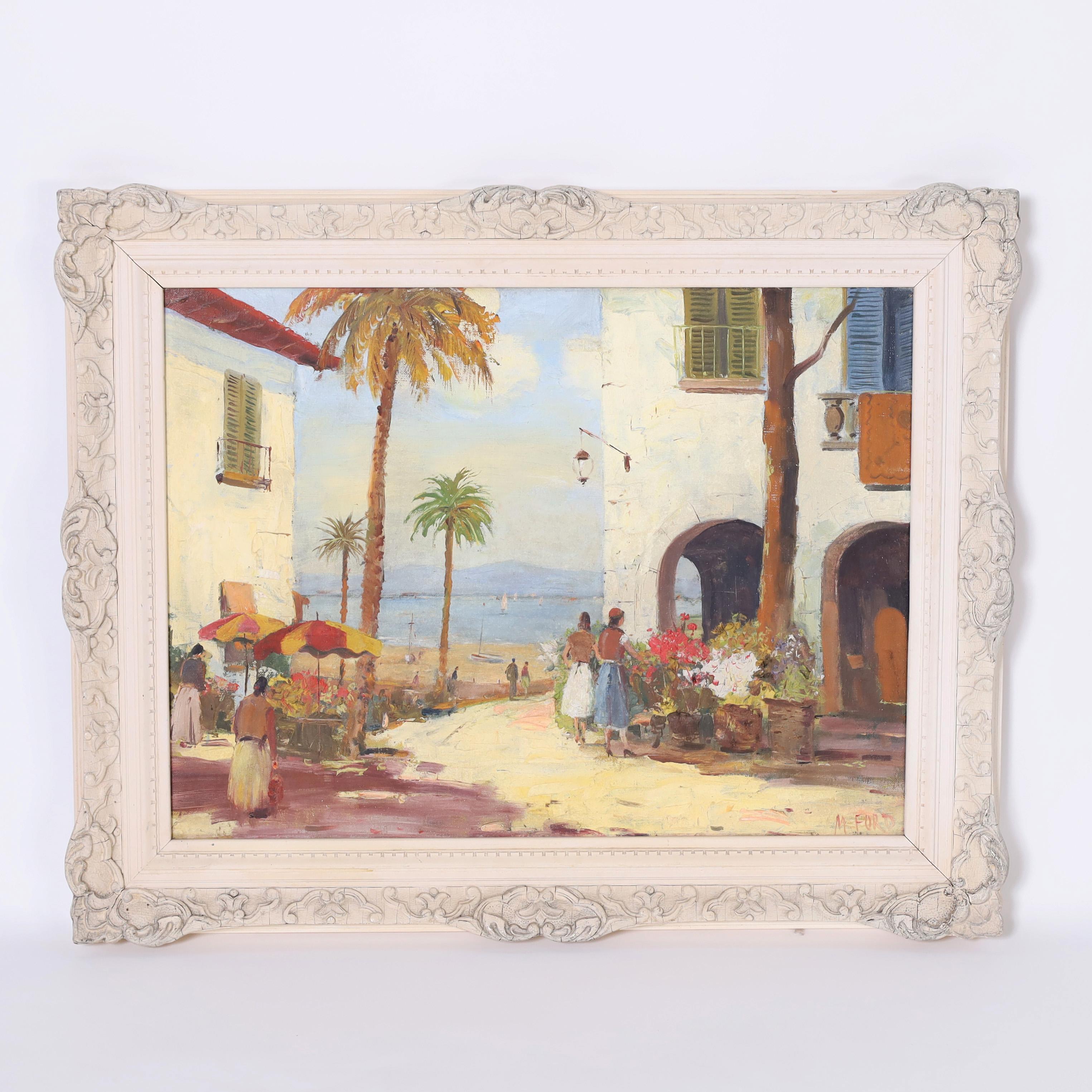 Enchanting oil painting on canvas depicting figures in a tropical setting with flowers, executed in an impressionist style, signed M Ford and presented in a painted wood frame.