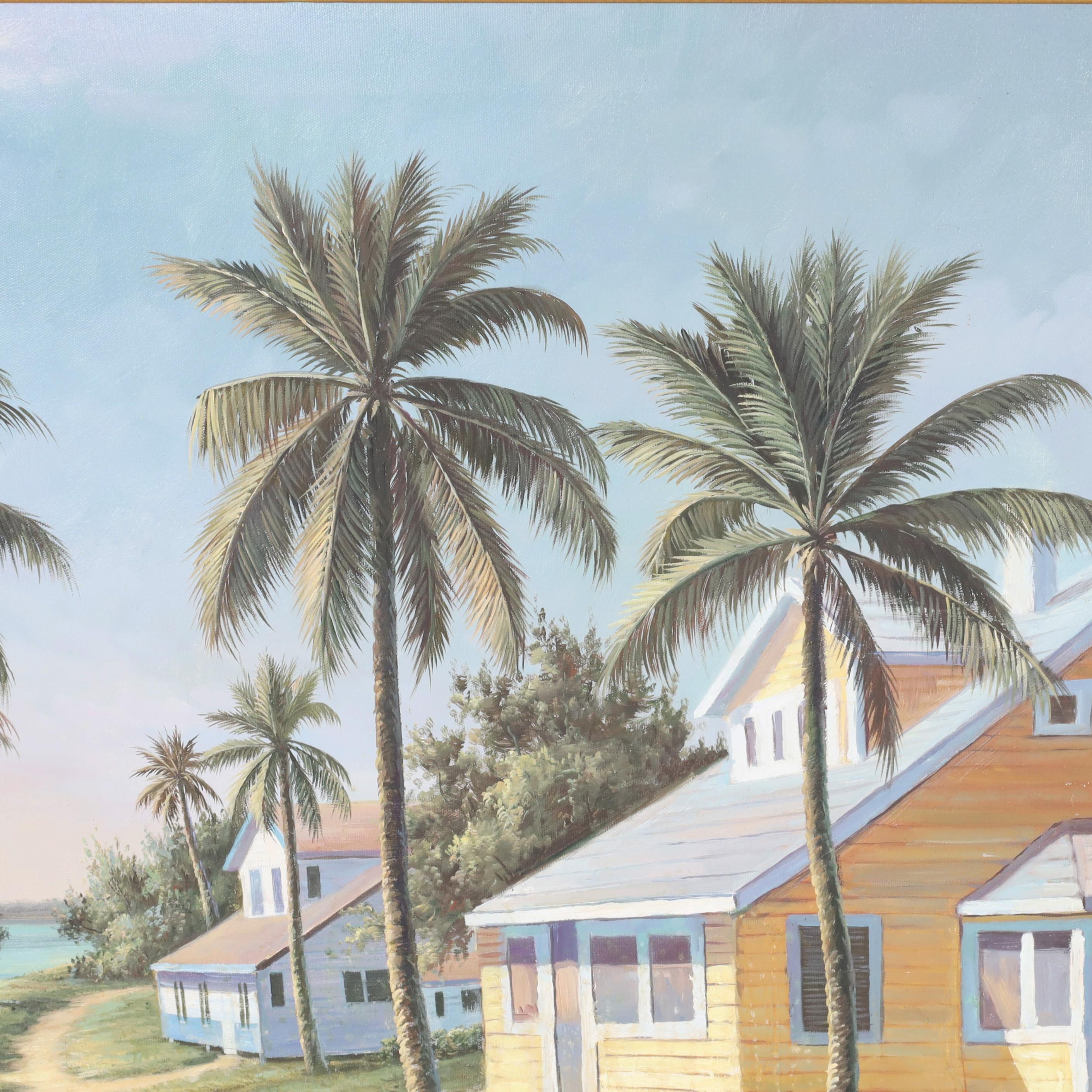 Transporting oil painting on canvas of a tropical bayscape with a boat, houses and palm trees on a sunny day highlighting light and shadow. Signed J. Drooks in the lower right and presented in a wood frame.