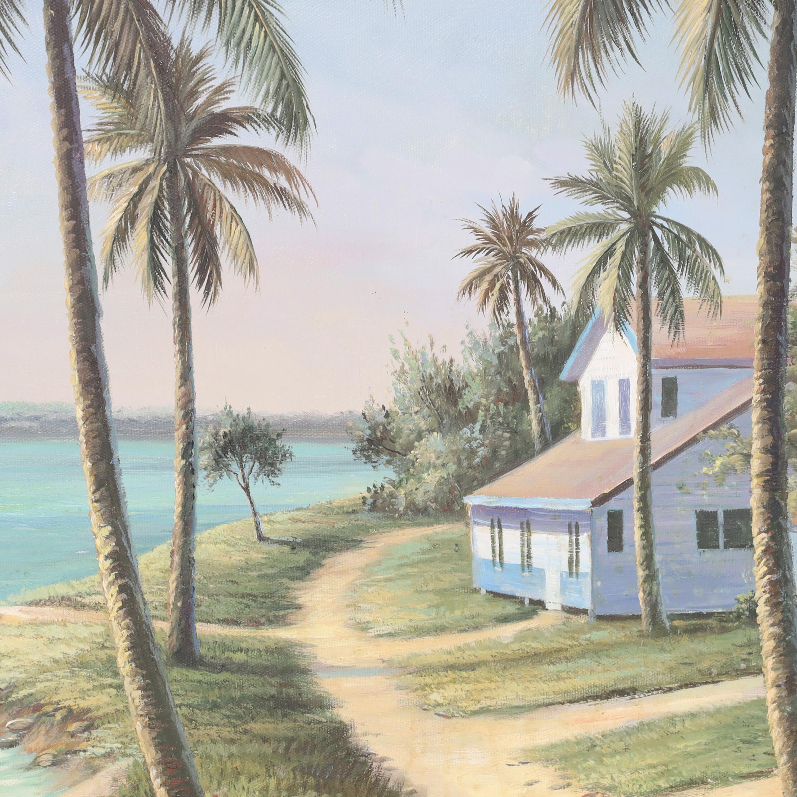 Vintage Oil Painting on Canvas of a Tropical Bayscape For Sale 4