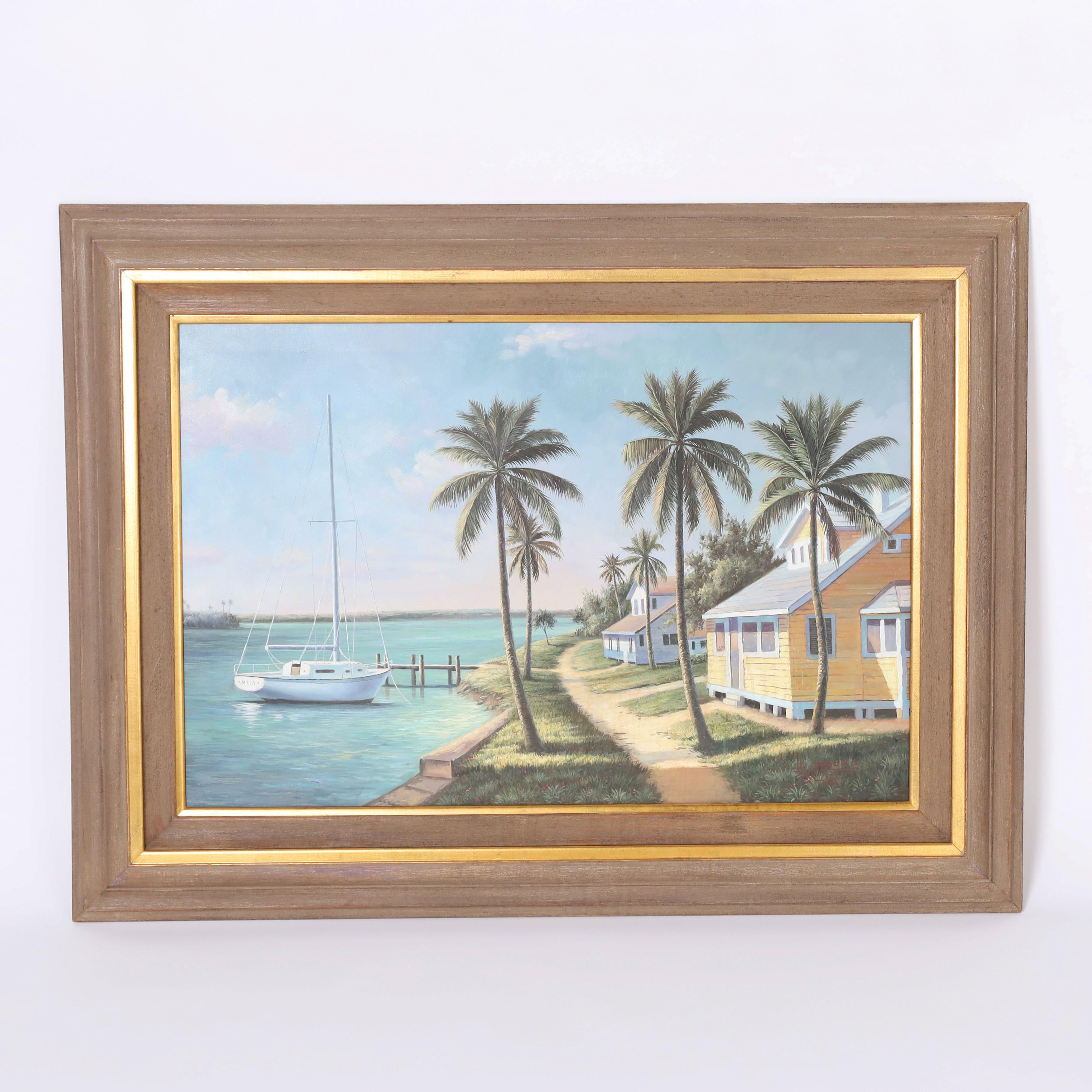 Unknown Landscape Painting - Vintage Oil Painting on Canvas of a Tropical Bayscape