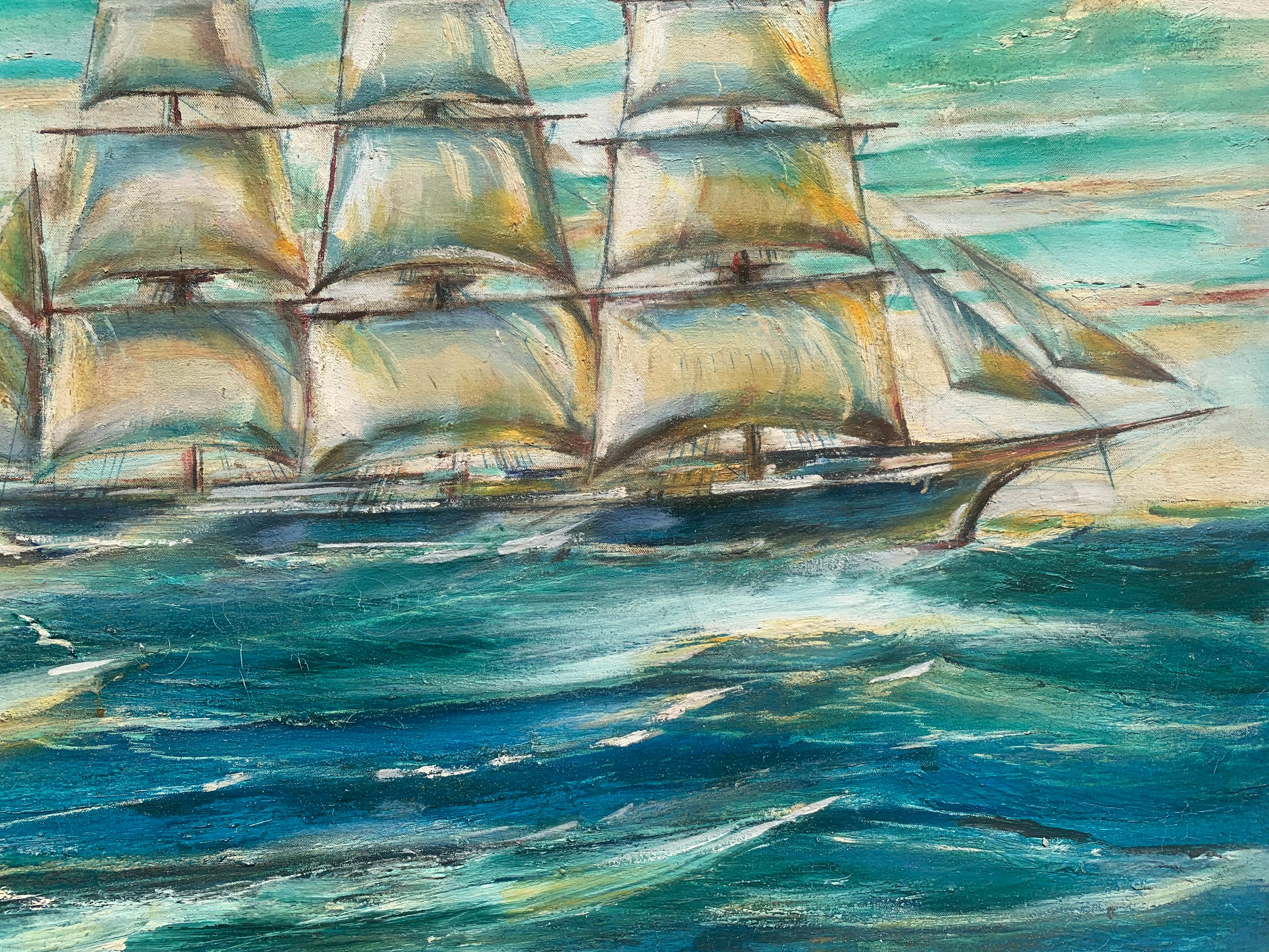 Vintage Óleo sobre lienzo, paisaje marino, Barco de vela, Sin firmar, Enmarcado - Painting de Unknown