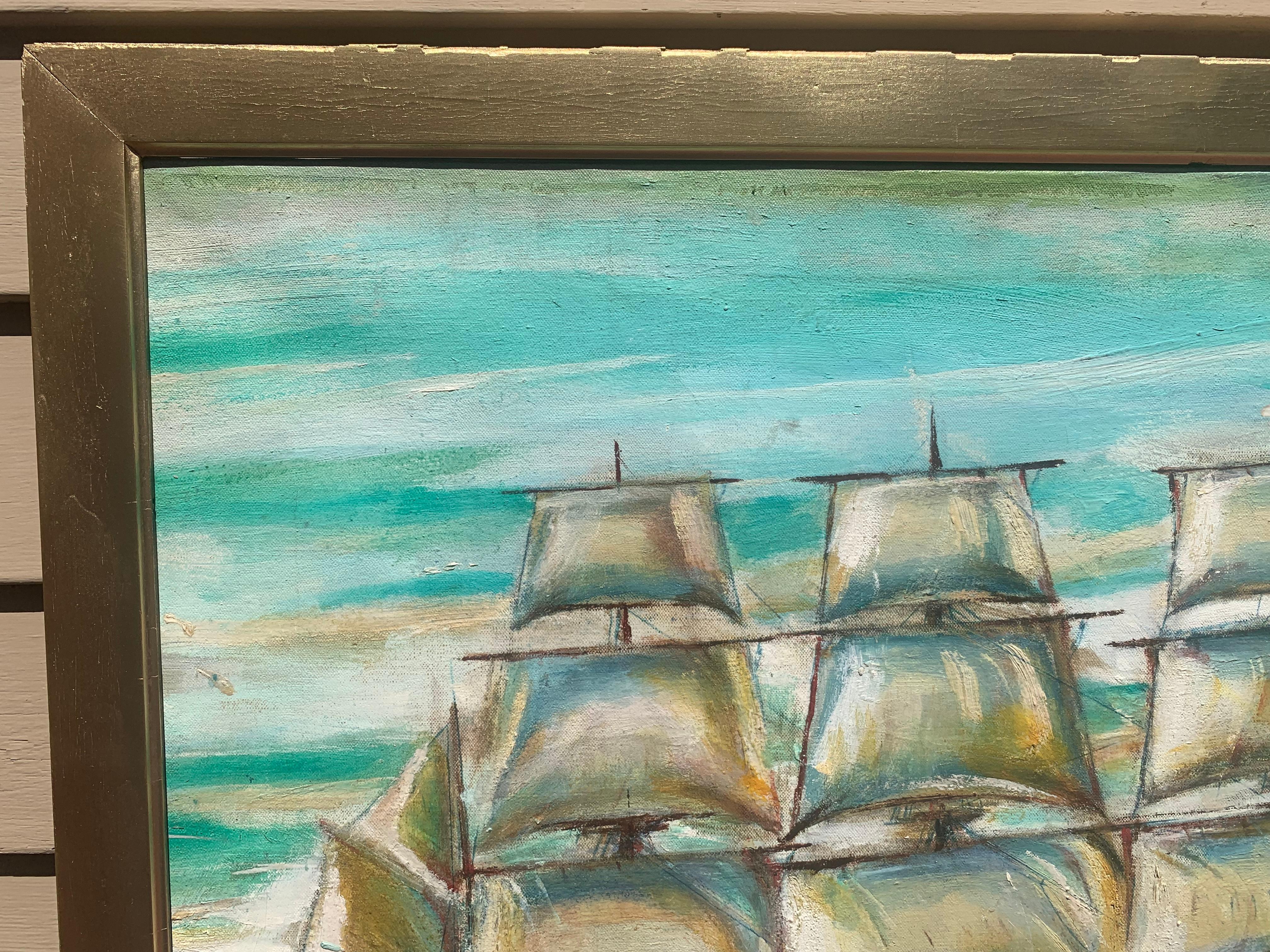 Vintage Óleo sobre lienzo, paisaje marino, Barco de vela, Sin firmar, Enmarcado - Landscape Painting Gris de Unknown