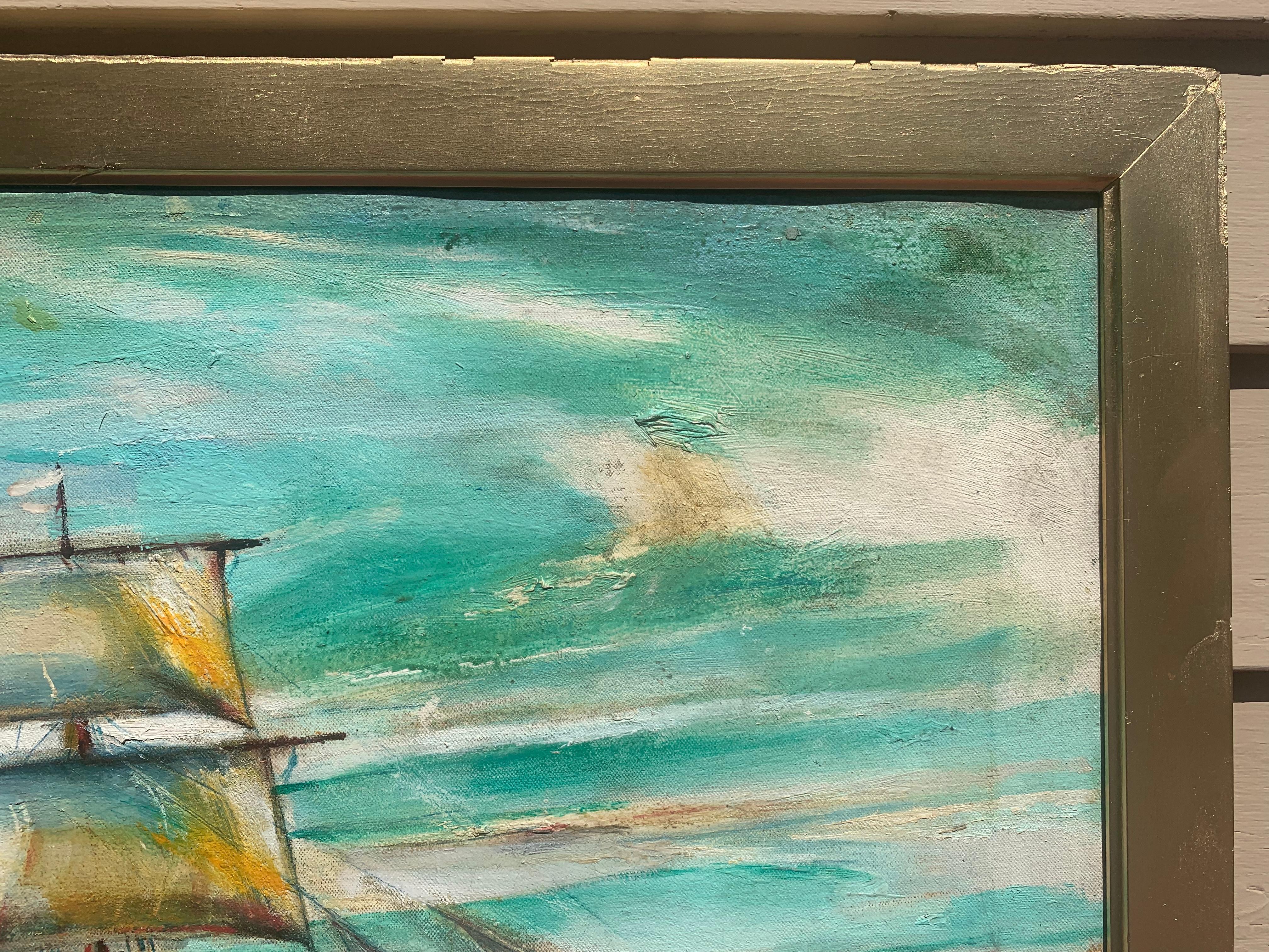   Se trata de un óleo vintage original firmado sobre lienzo que representa un Barco de vela en alta mar. Muy bien hecho, con textura, grandes colores azules. 

     Enmarcado mide 32,5