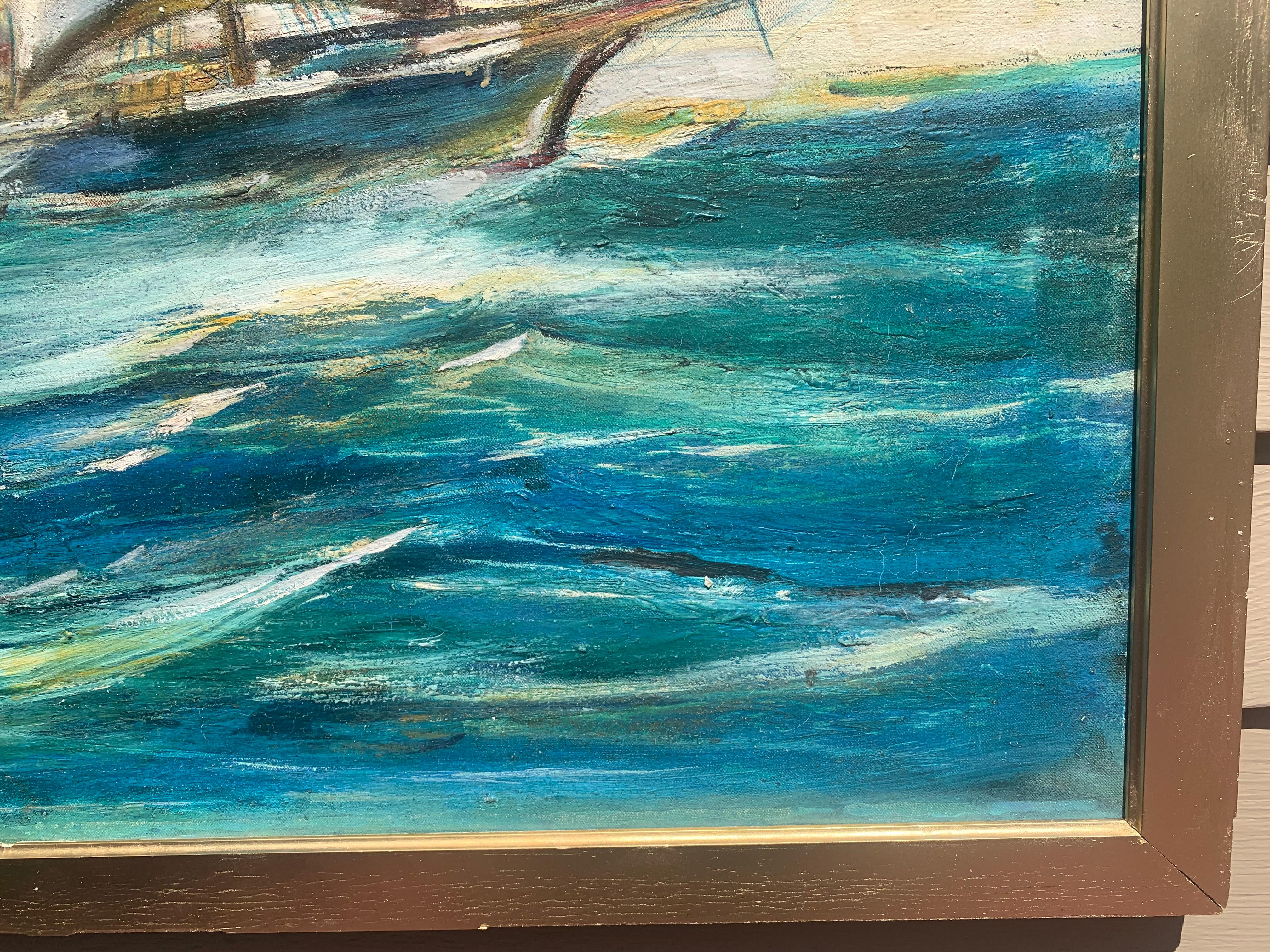 Vintage Óleo sobre lienzo, paisaje marino, Barco de vela, Sin firmar, Enmarcado en venta 1
