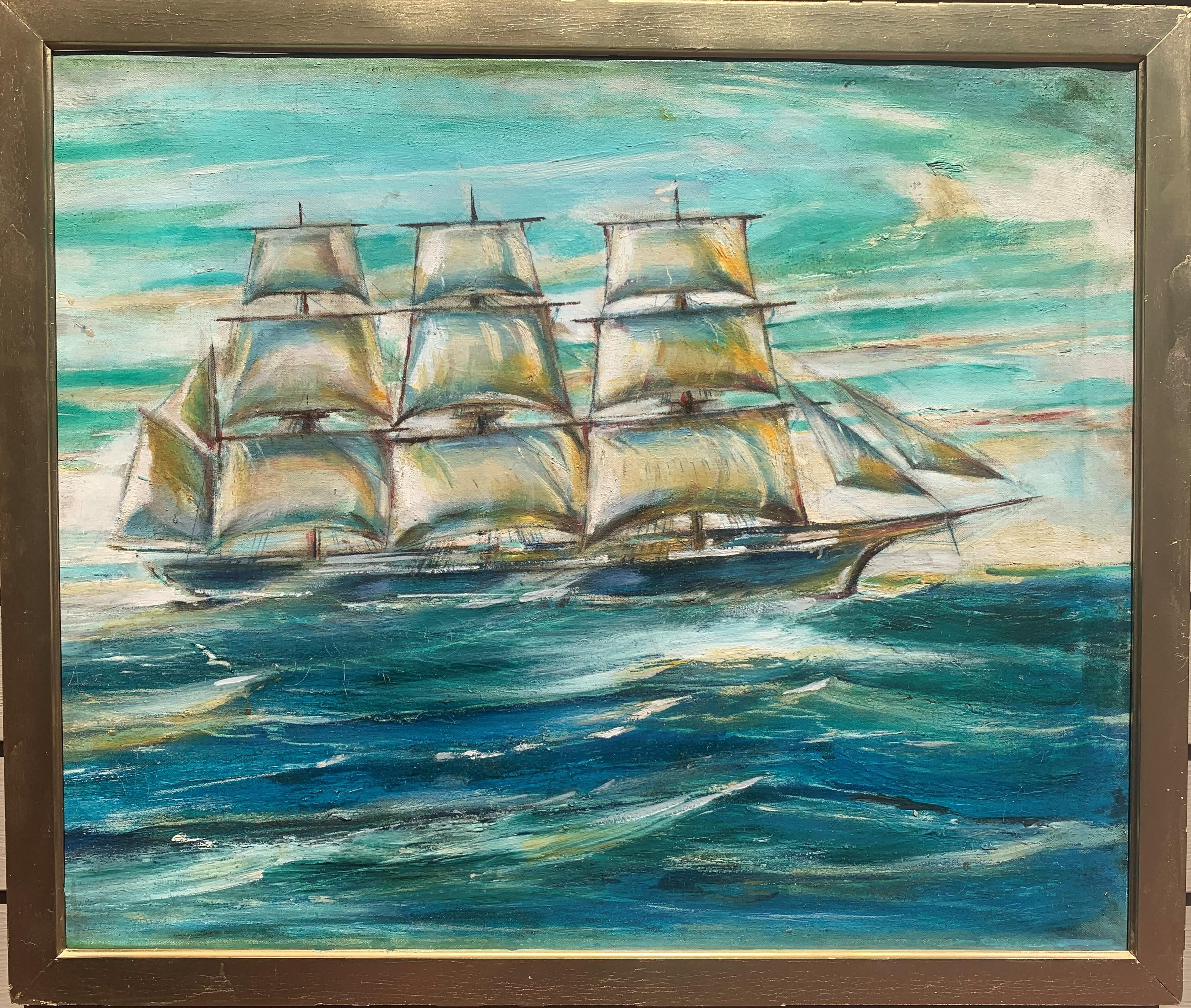 Landscape Painting de Unknown - Vintage Óleo sobre lienzo, paisaje marino, Barco de vela, Sin firmar, Enmarcado
