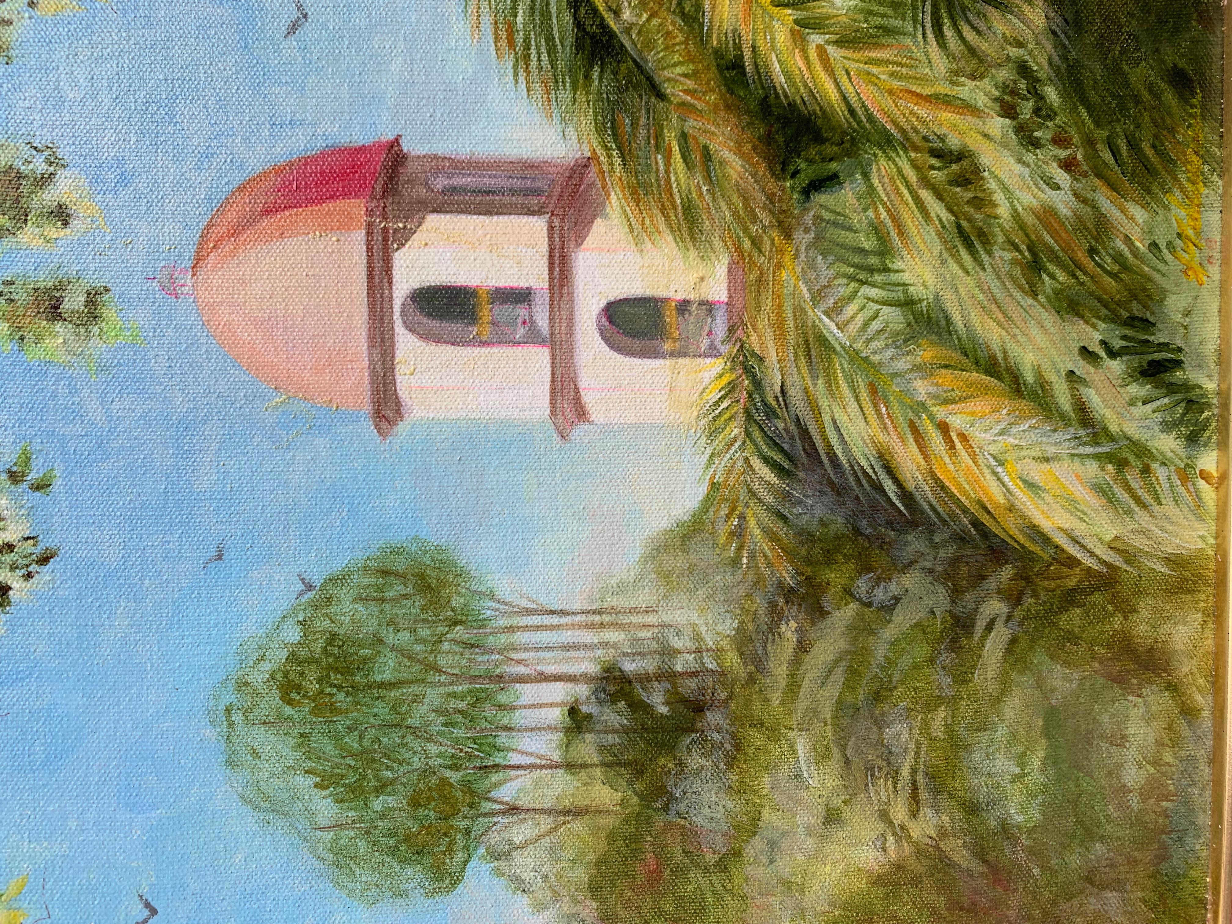 Dipinto a olio su tela d'epoca, Paesaggio tropicale, firmato, datato, incorniciato - Painting Impressionismo di Unknown