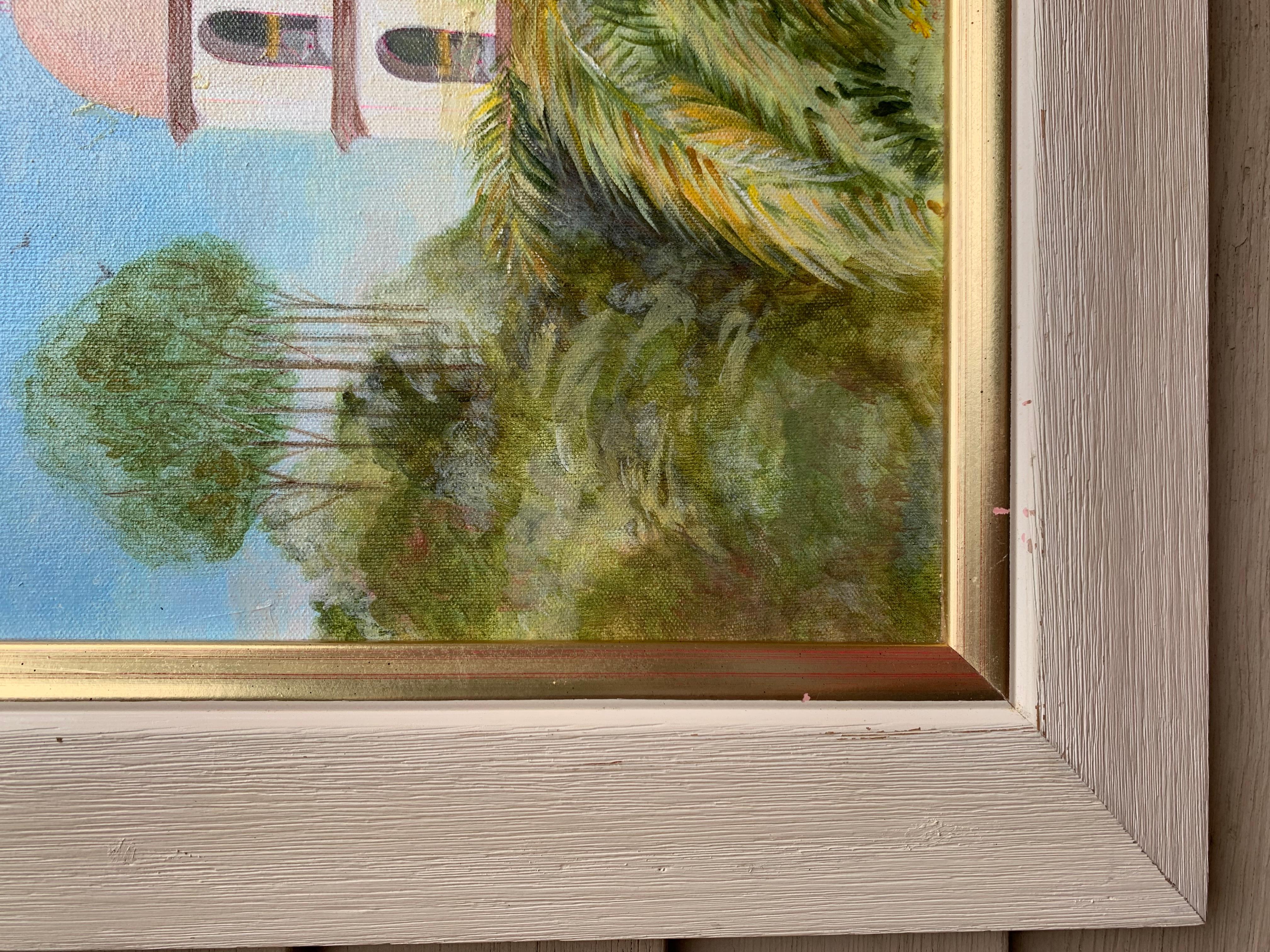 Dipinto a olio su tela d'epoca, Paesaggio tropicale, firmato, datato, incorniciato - Landscape Painting Marrone di Unknown