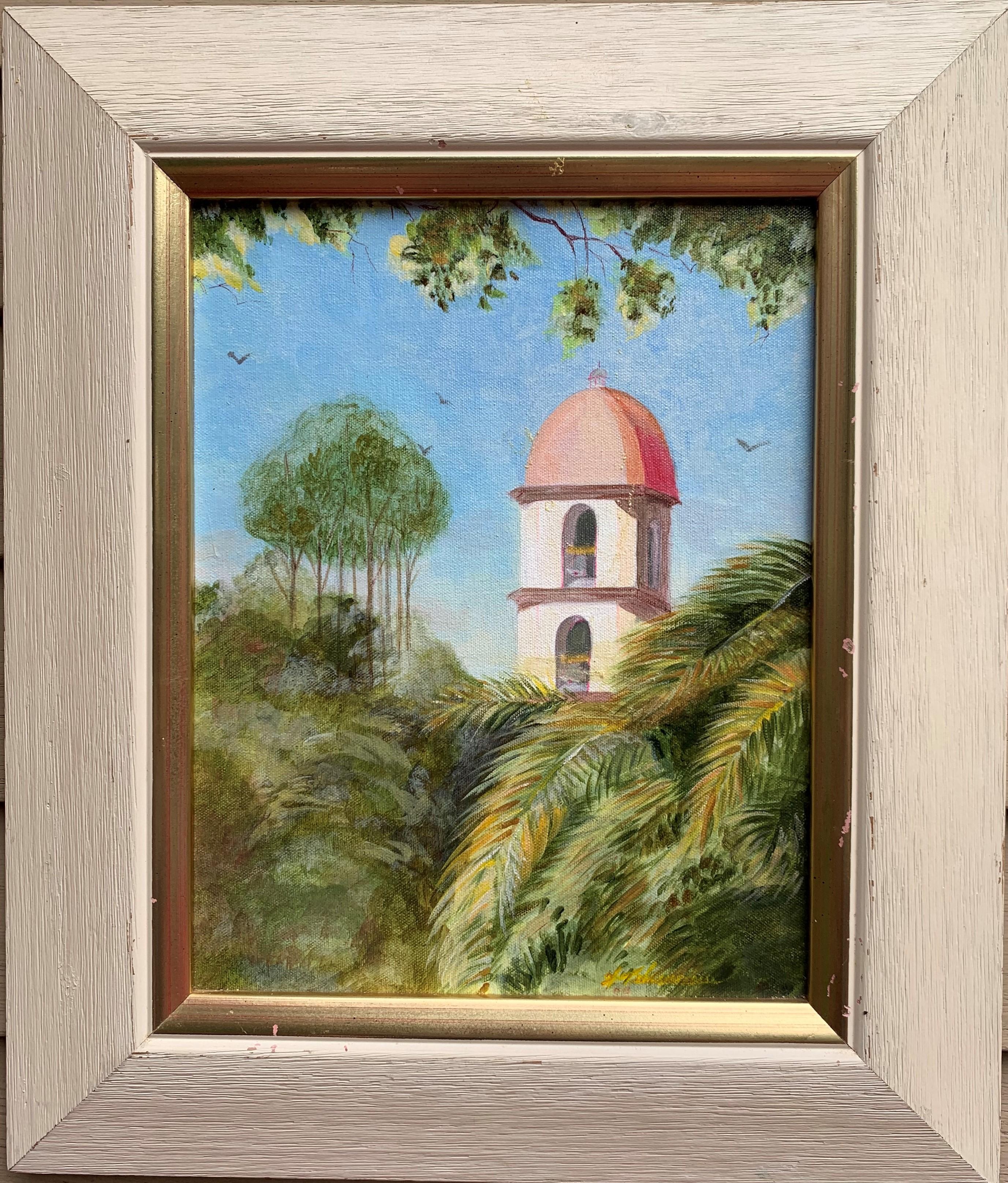 Landscape Painting di Unknown - Dipinto a olio su tela d'epoca, Paesaggio tropicale, firmato, datato, incorniciato