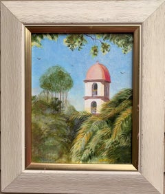 Óleo vintage sobre lienzo, Paisaje tropical, Firmado, Fechado, Enmarcado