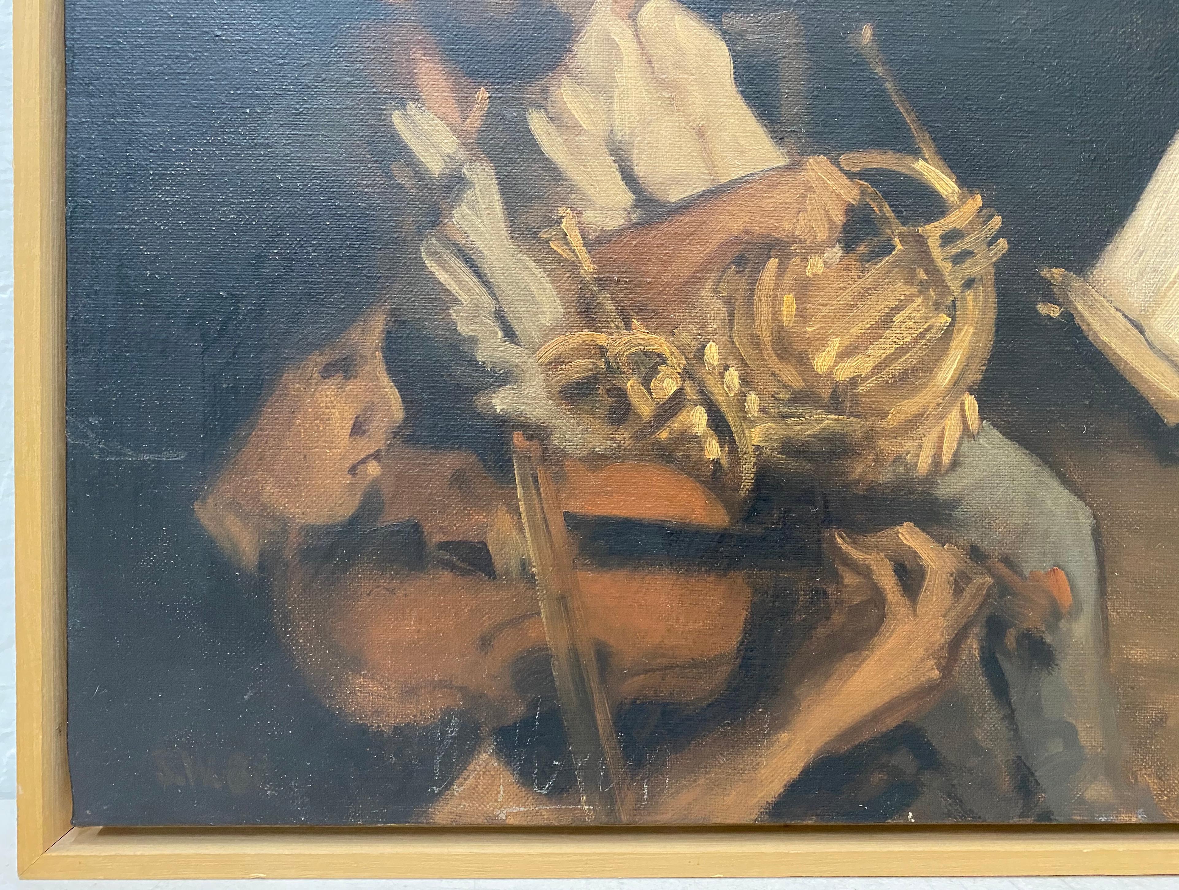 Peinture à l'huile vintage de symphonie « Threads and Brass » (Strings and Brass) - Peinture à l'huile - vers1989 - Marron Interior Painting par Unknown