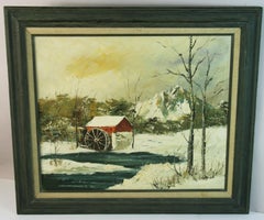 Vintage oil painting The  Grist Mill Winter Landscape