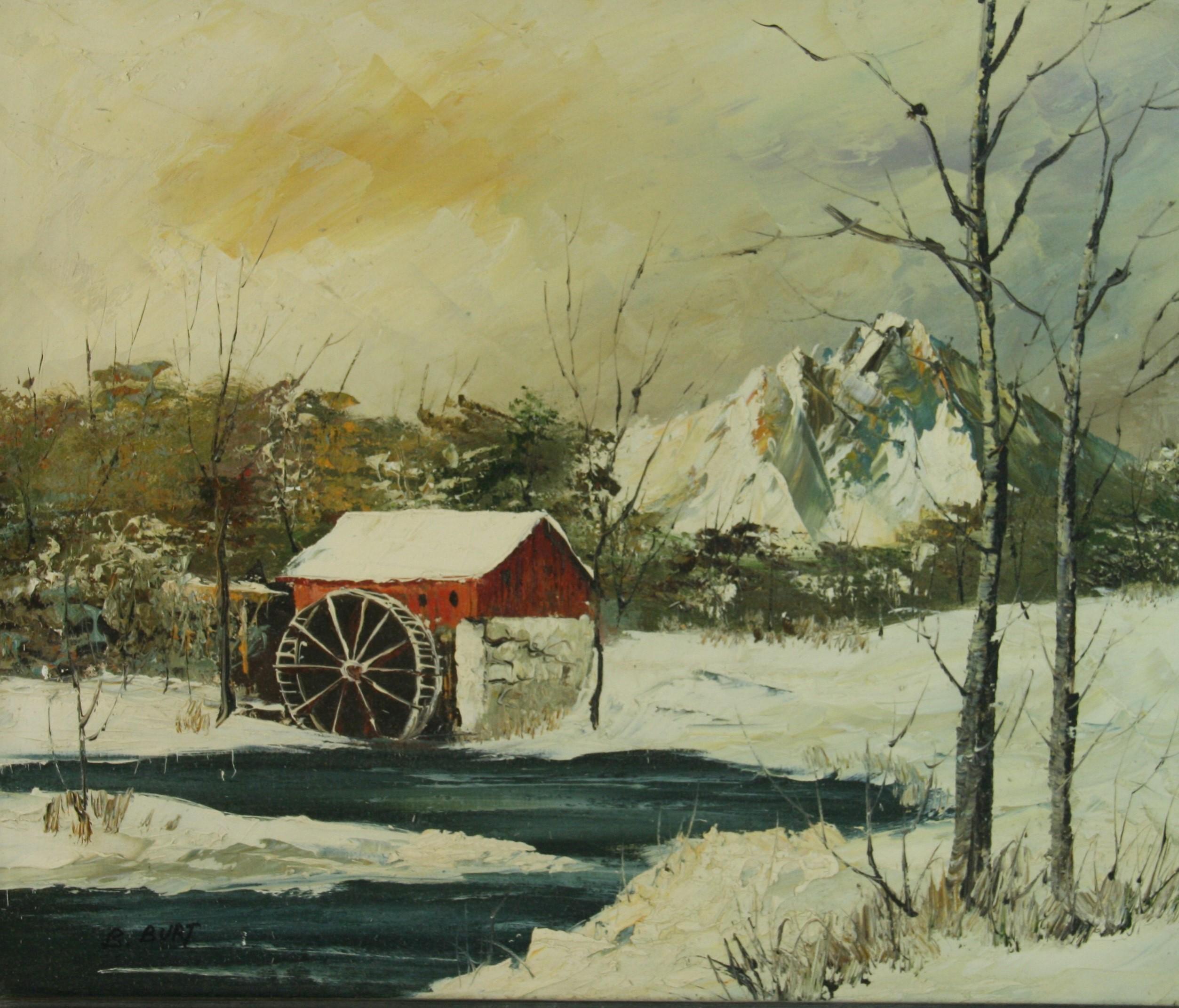 Vintage oil painting The  Grist Mill Winter Landscape - Beige Landscape Painting by Unknown