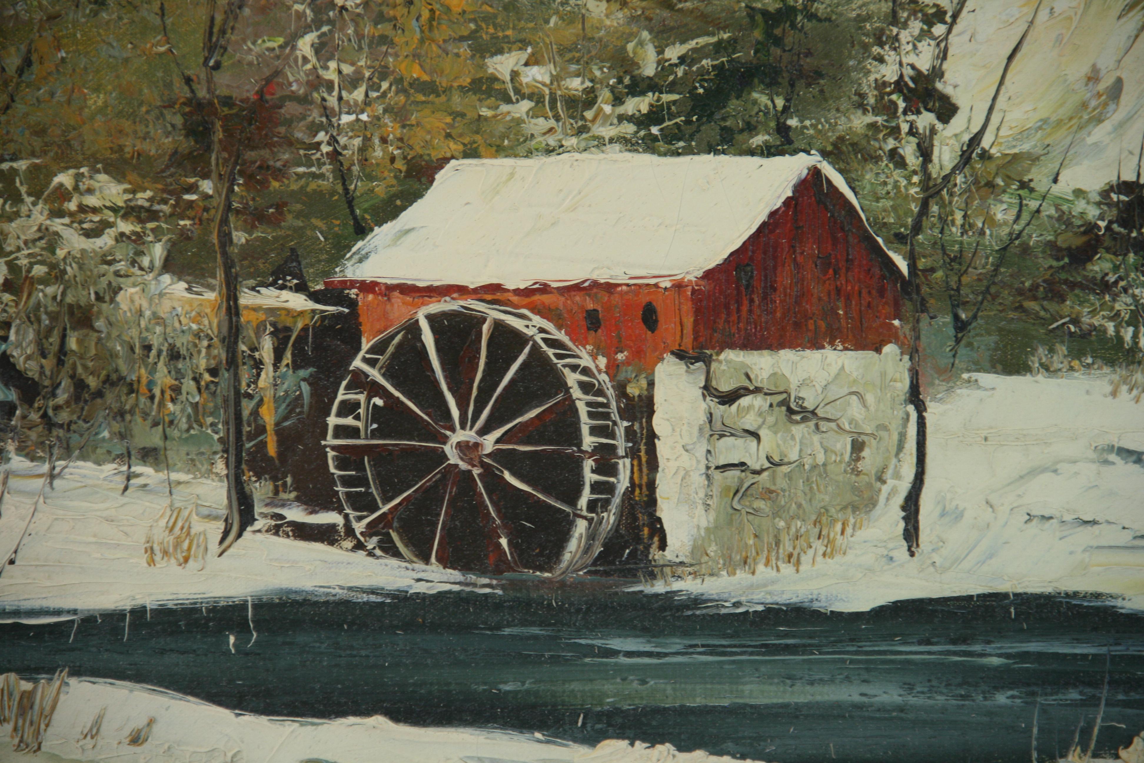5131 Vintage framed oil painting of grist mill in a snow filled landscape
Signed B.Burt
Image size 19.5x23.5